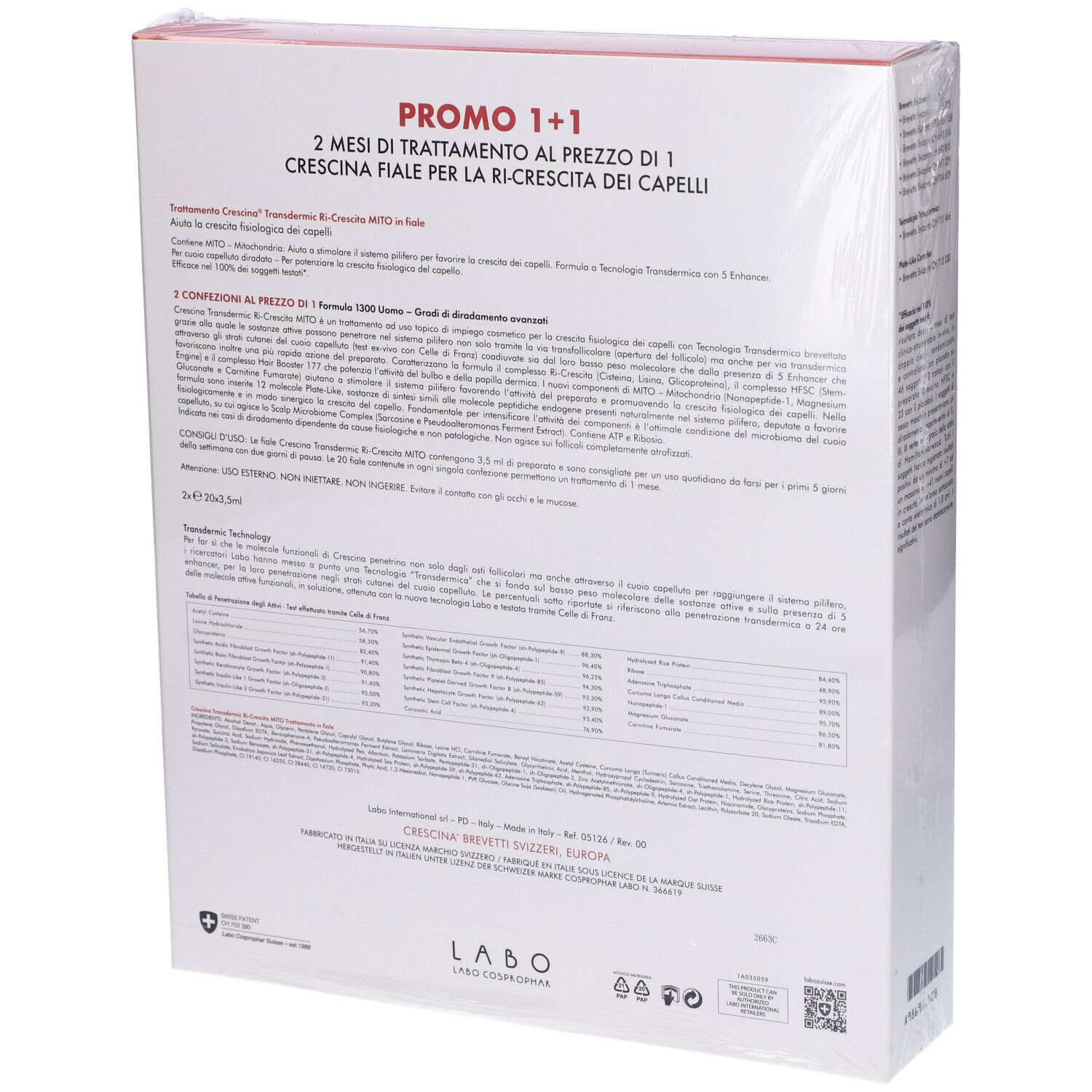 Retro della confezione. Testo: Crescina Transdermic Ri-Crescita Fiale. Promo 1+1.