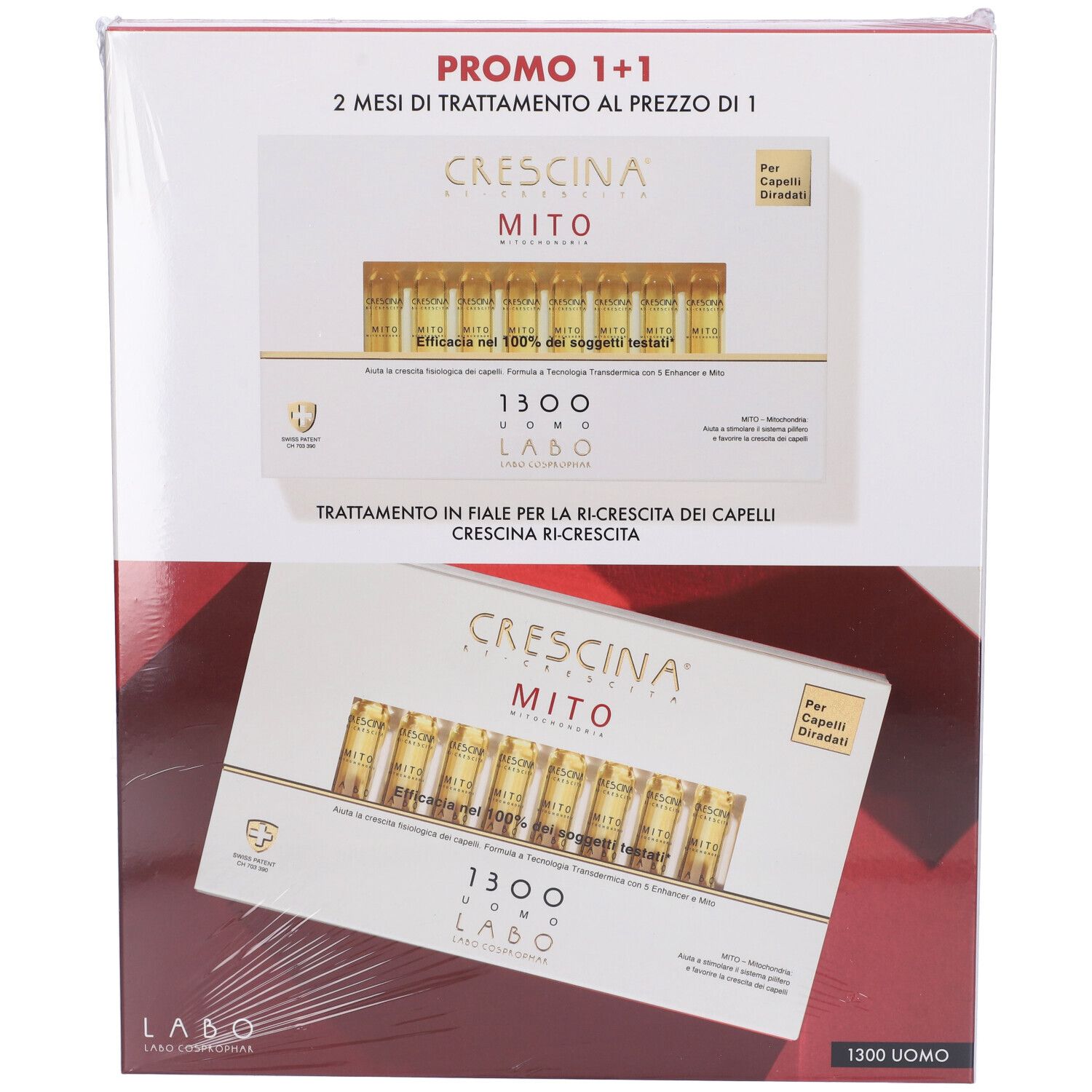 Confezione con due scatole. Scritto: Crescina Mito, 1300 Uomo. Promo 1+1.