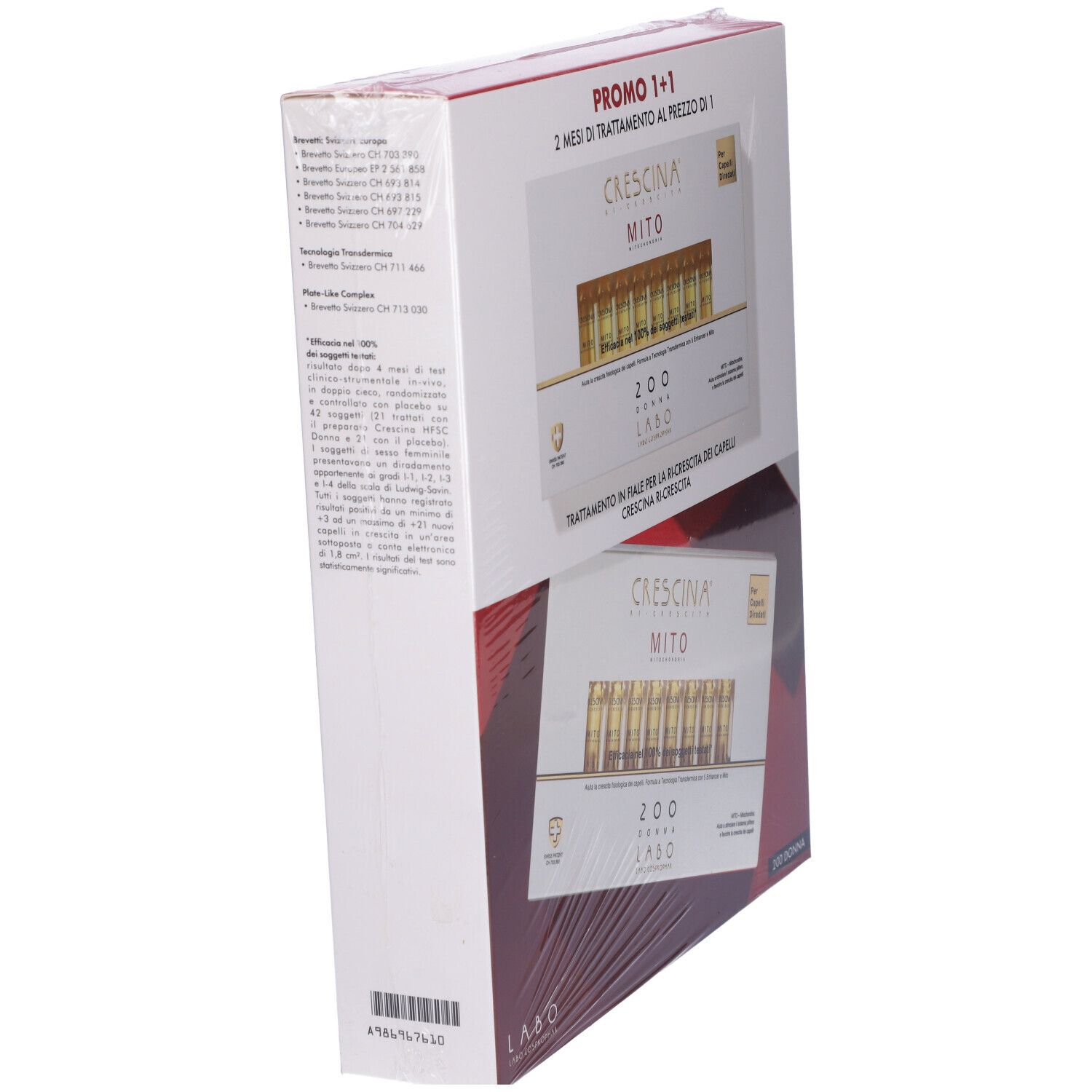 Confezione, vista laterale. Scritta: Crescina Mito. Promo 1+1. Testo sulla confezione.