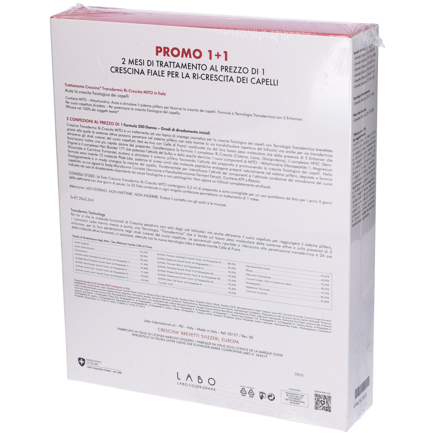 Confezione, retro. Informazioni testuali. Scritta: Crescina Mito. Promo 1+1.
