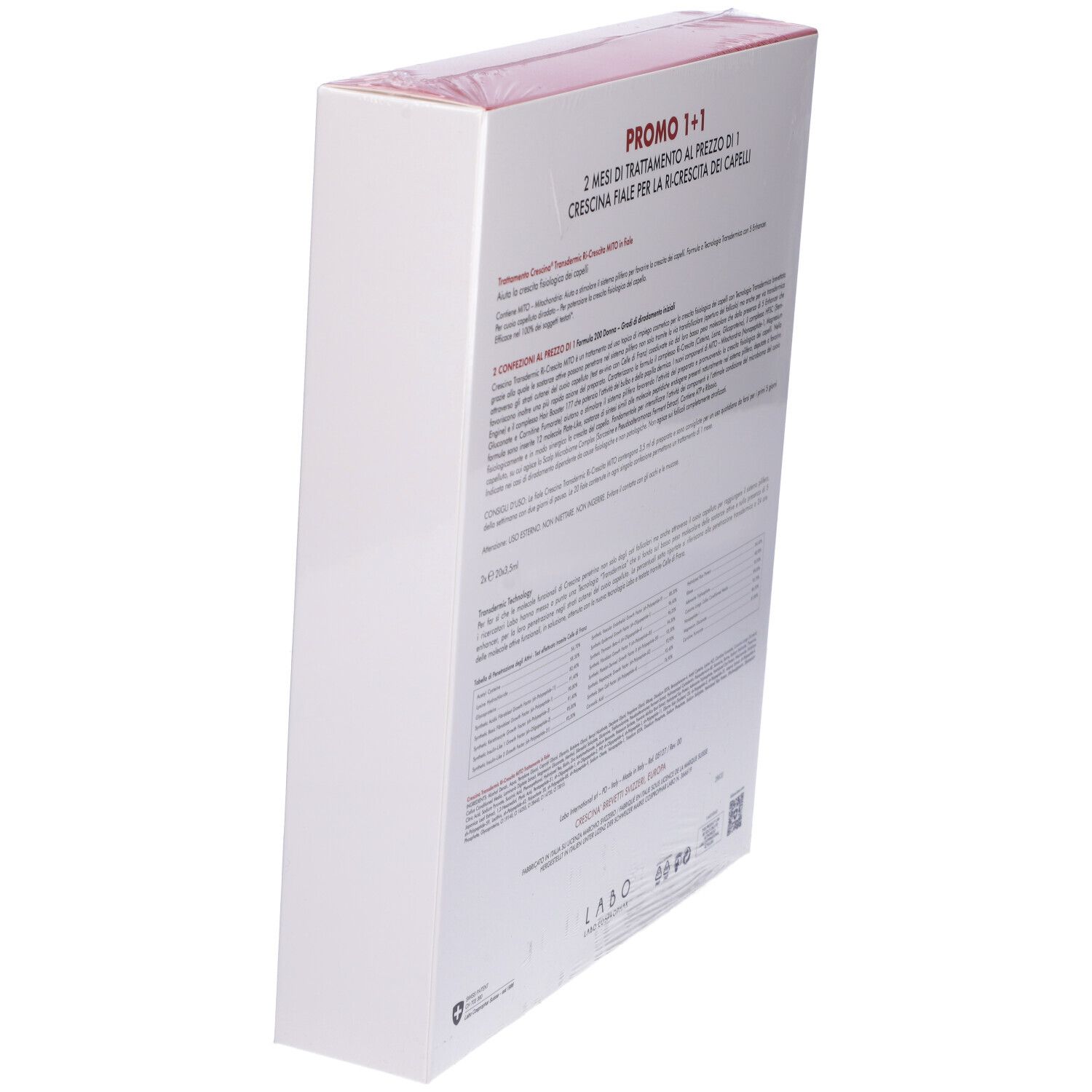 Confezione, vista laterale. Informazioni testuali. Scritta: Crescina Mito. Promo 1+1.