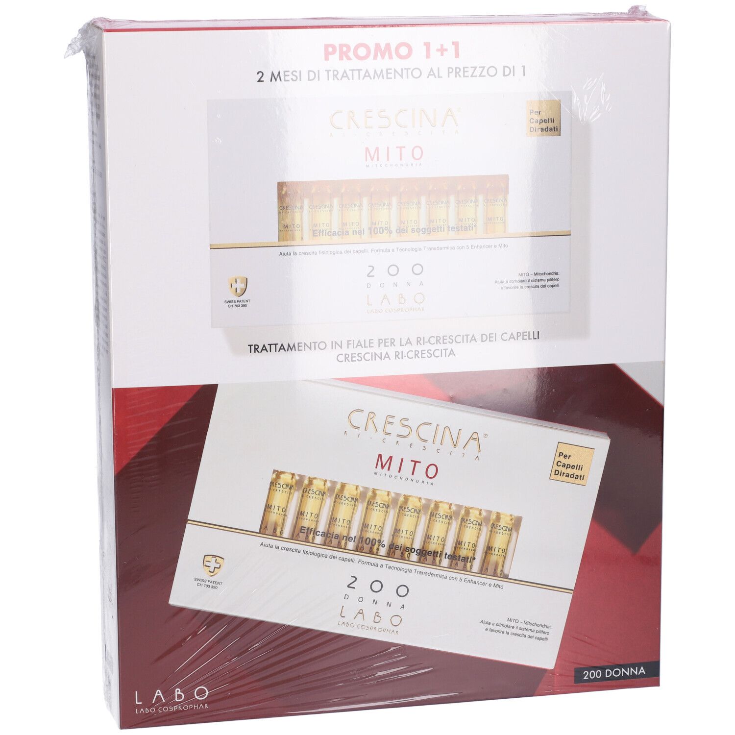 Confezione con due scatole. Scritta: Crescina Mito 200 Donna. Promo 1+1. Fiale visibili.