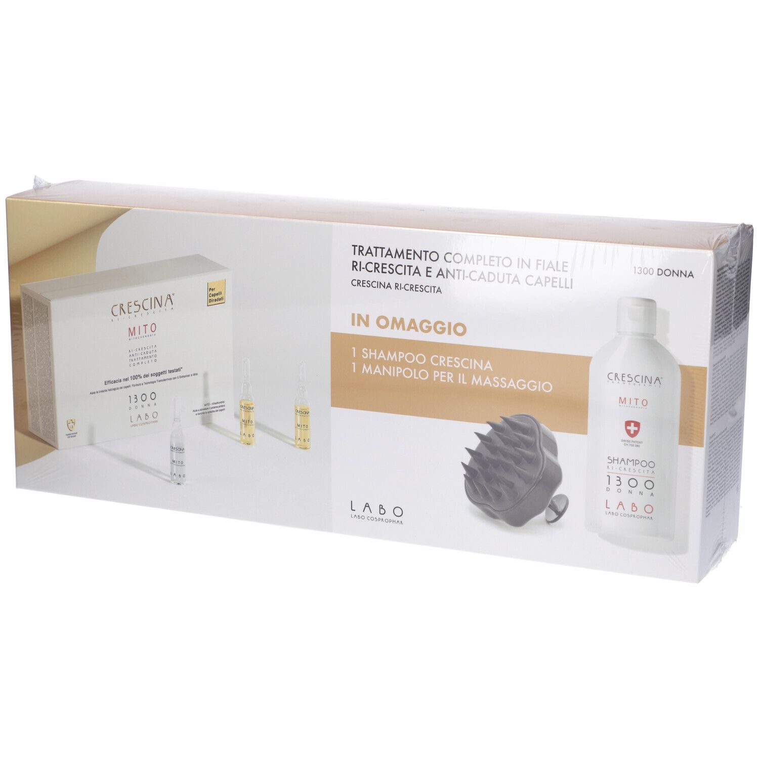 Labo CRESCINA® Mito Ri-Crescita + Anti-Caduta Trattamento 1300 Donna 10 + 10 Fiale + Massaggiatore e Shampoo in Omaggio
