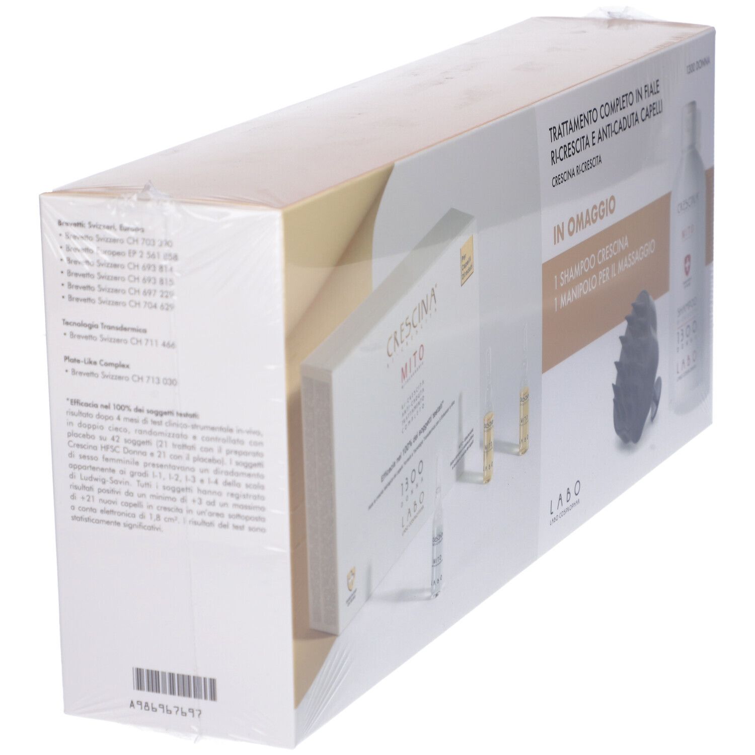 Labo CRESCINA® Mito Ri-Crescita + Anti-Caduta Trattamento 1300 Donna 10 + 10 Fiale + Massaggiatore e Shampoo in Omaggio