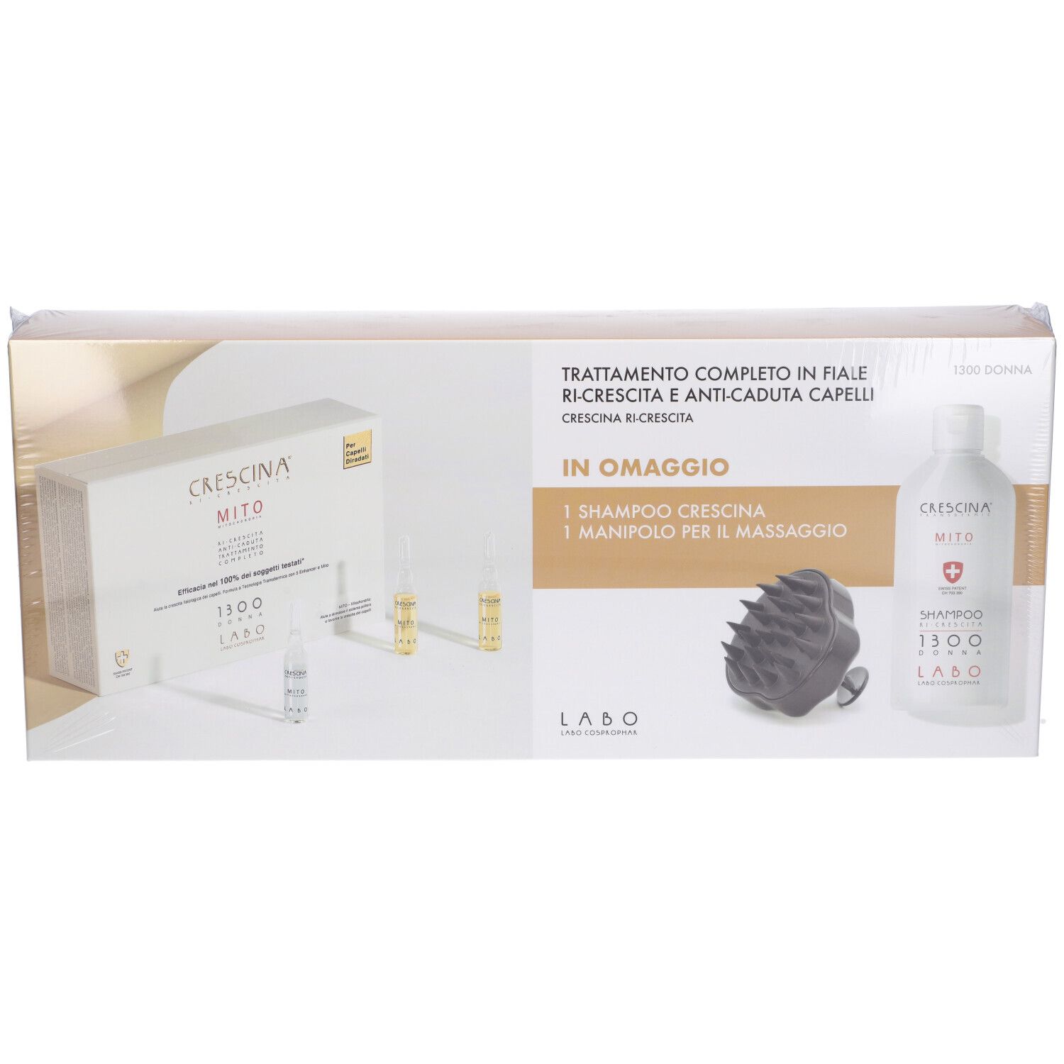 Labo CRESCINA® Mito Ri-Crescita + Anti-Caduta Trattamento 1300 Donna 10 + 10 Fiale + Massaggiatore e Shampoo in Omaggio