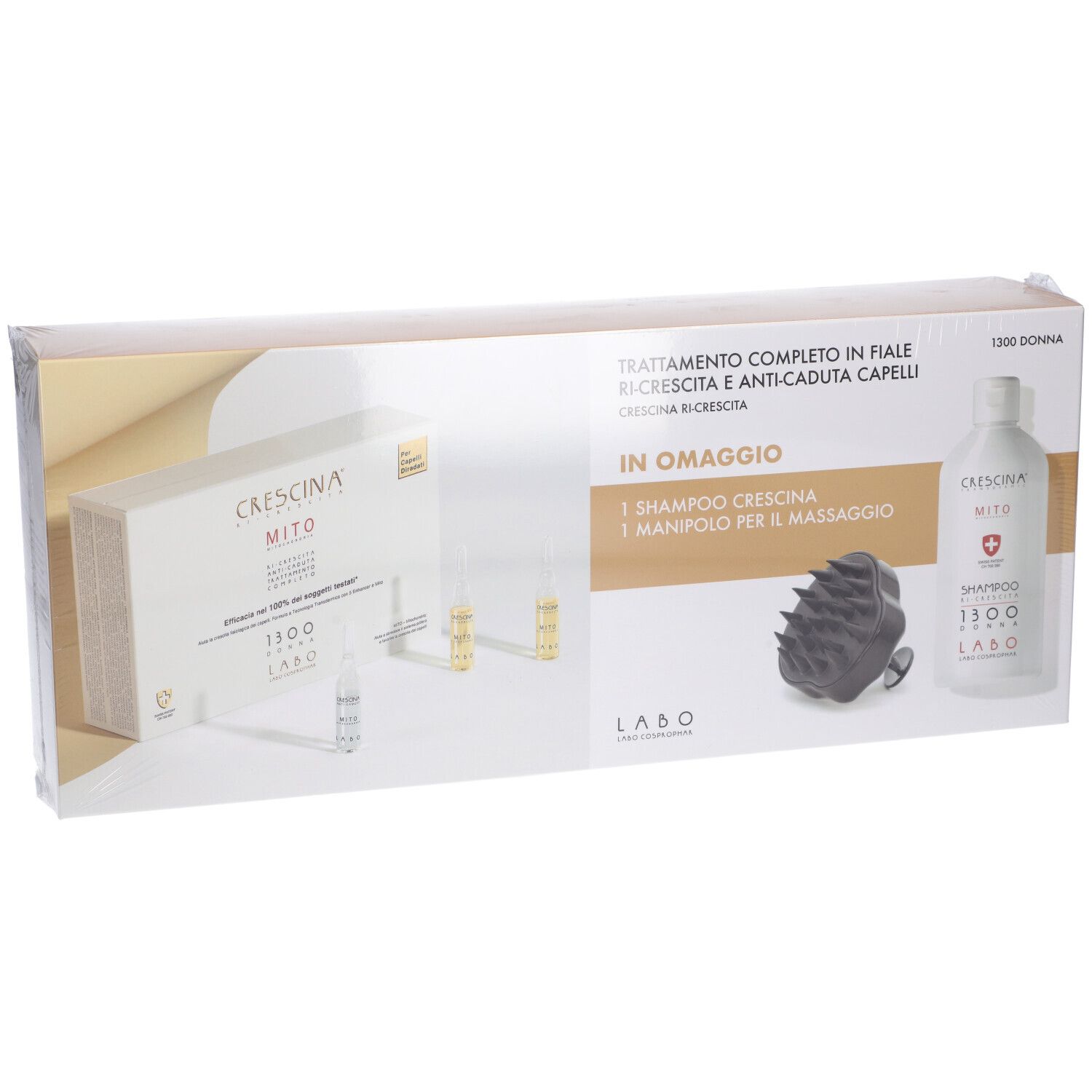 Labo CRESCINA® Mito Ri-Crescita + Anti-Caduta Trattamento 1300 Donna 10 + 10 Fiale + Massaggiatore e Shampoo in Omaggio