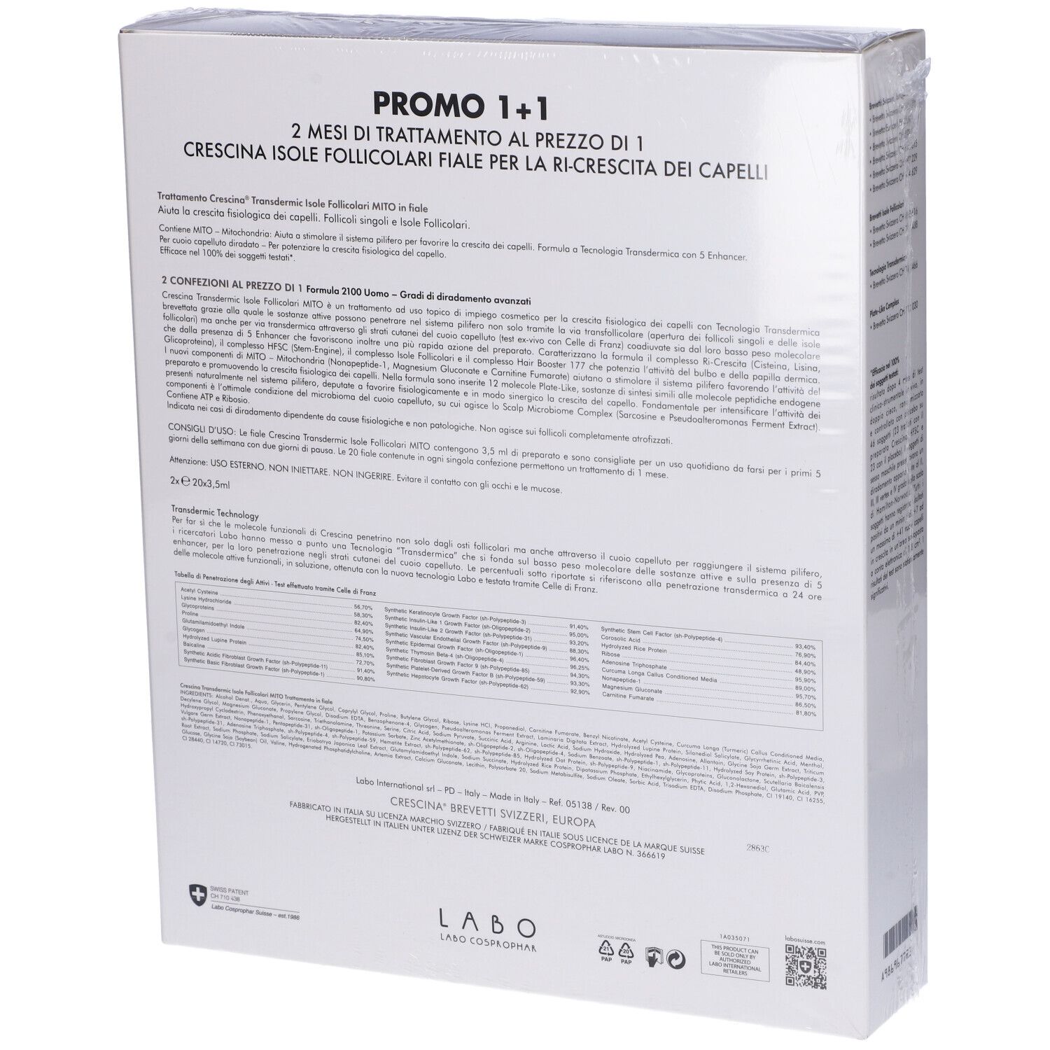 Retro della confezione del prodotto. Testo: PROMO 1+1, CRESCINA, ingredienti, istruzioni per l'uso. Logo e informazioni del produttore.