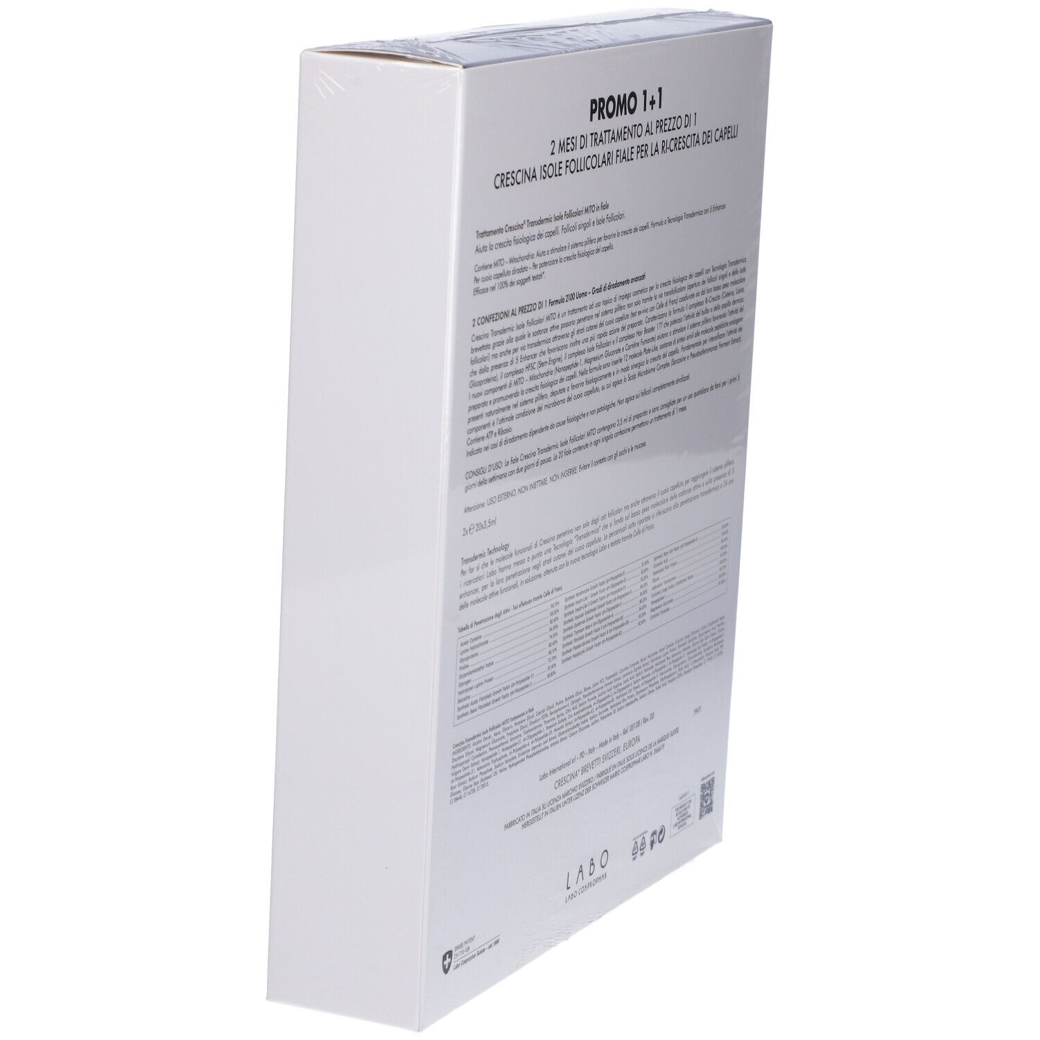 Vista laterale della confezione del prodotto. Testo: PROMO 1+1, CRESCINA, ingredienti, istruzioni per l'uso. Logo e informazioni del produttore.