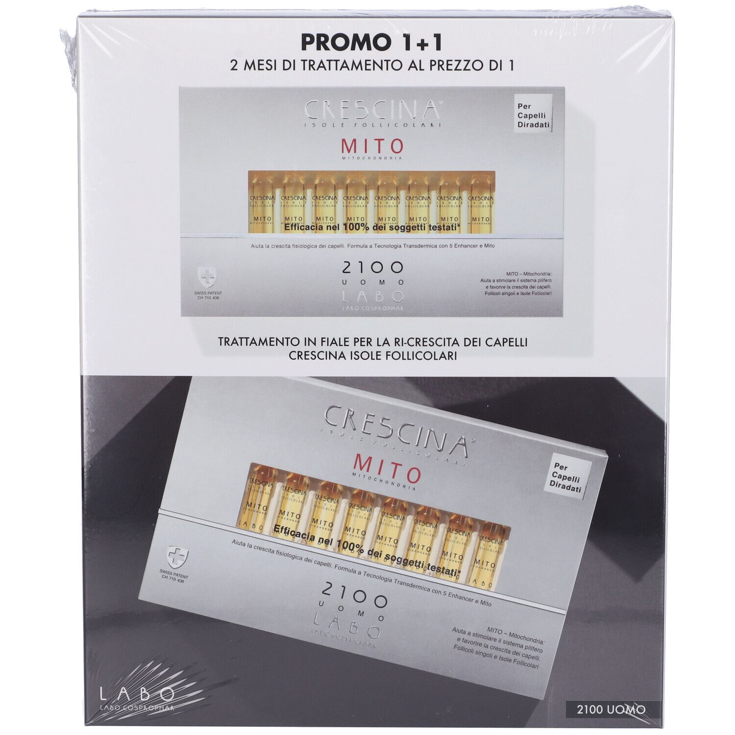 Confezione prodotto con due scatole. Scritte: CRESCINA MITO 2100 UOMO, fiale. Informazioni prodotto visibili.