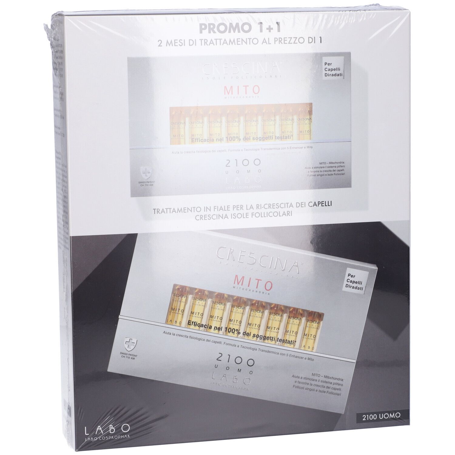 Confezione prodotto con due scatole. Scritte: CRESCINA MITO 2100 UOMO, fiale. Informazioni prodotto visibili.