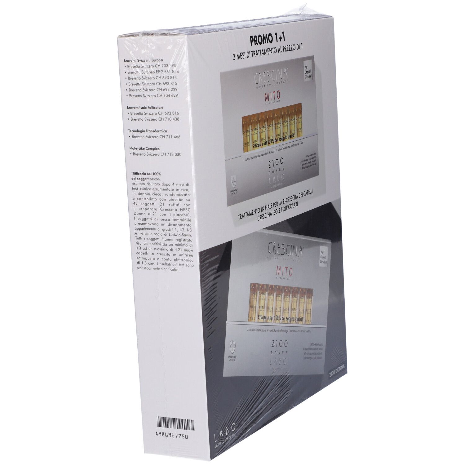 Confezione parzialmente trasparente. Scritta: CRESCINA MITO 2100 DONNA. Promo 1+1. Testo e informazioni prodotto.