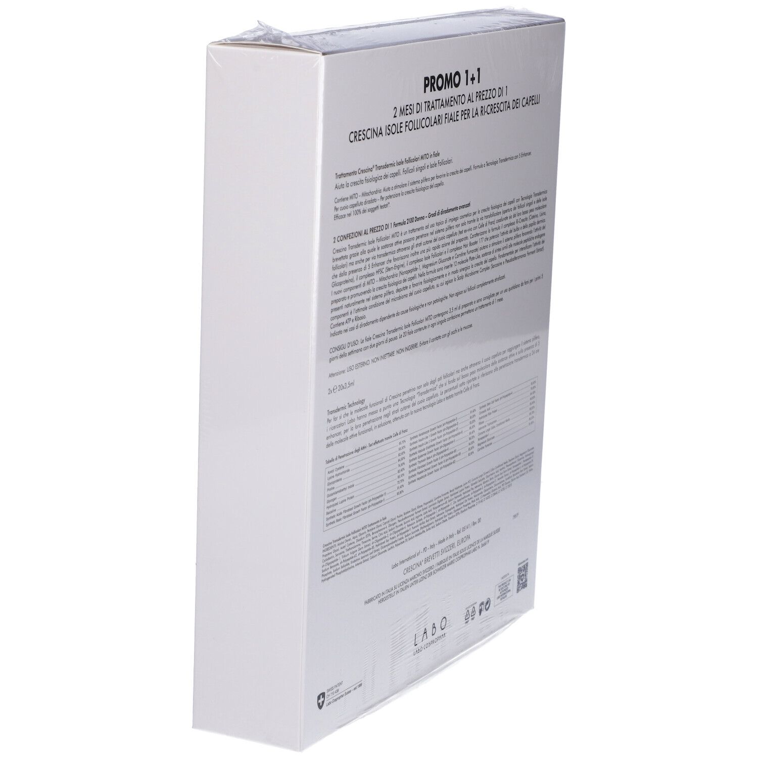 Confezione, bianca, parzialmente trasparente. Scritta: CRESCINA MITO. Testo e informazioni prodotto.