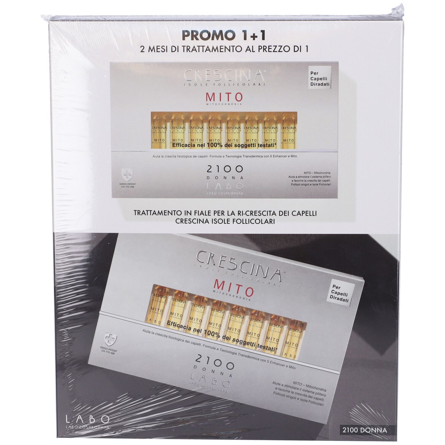 Confezione con due scatole. Scritta: CRESCINA MITO 2100 DONNA. Promo 1+1. Contiene fiale.