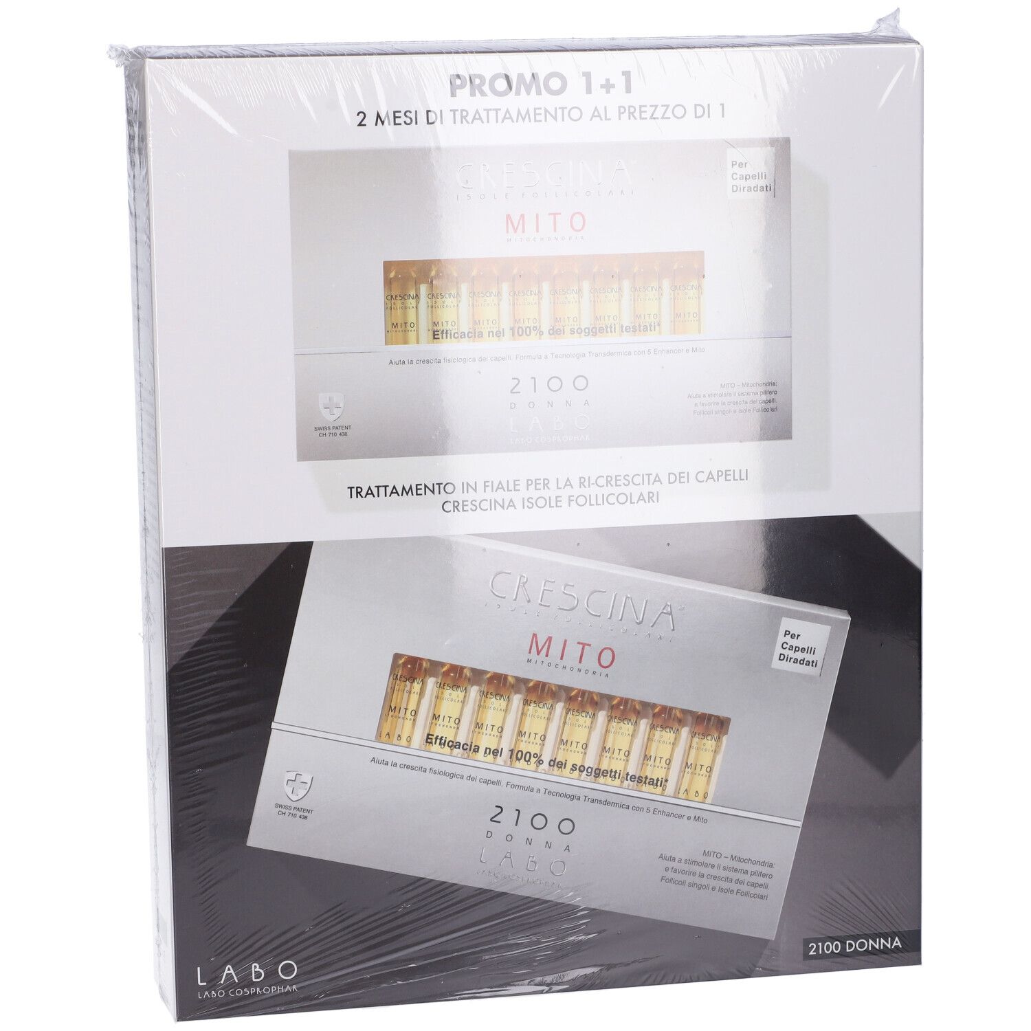 Confezione con due scatole. Scritta: CRESCINA MITO 2100 DONNA. Promo 1+1. Contiene fiale.