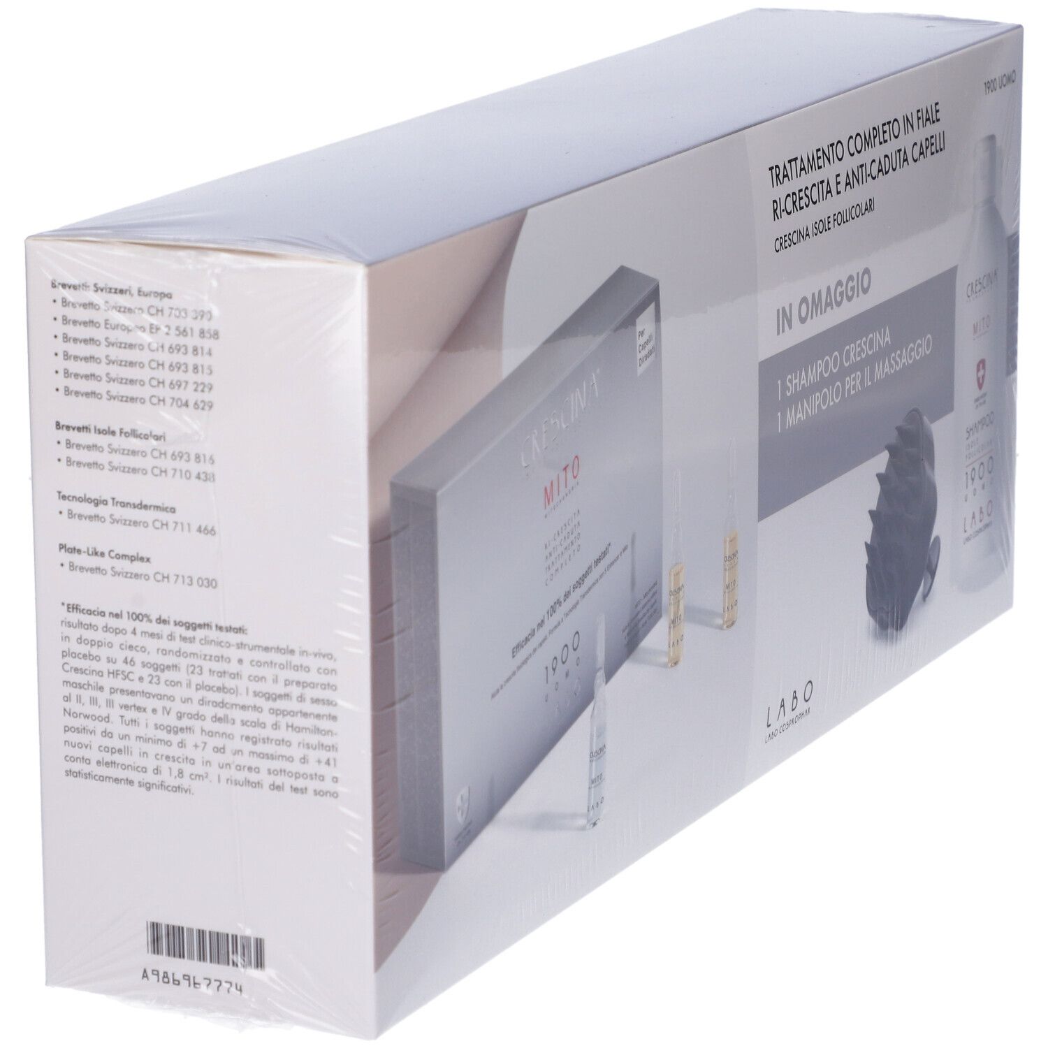 Confezione in prospettiva. Contiene fiale, shampoo e massaggiatore. Testo: Trattamento Completo in Fiale Ri-Crescina.