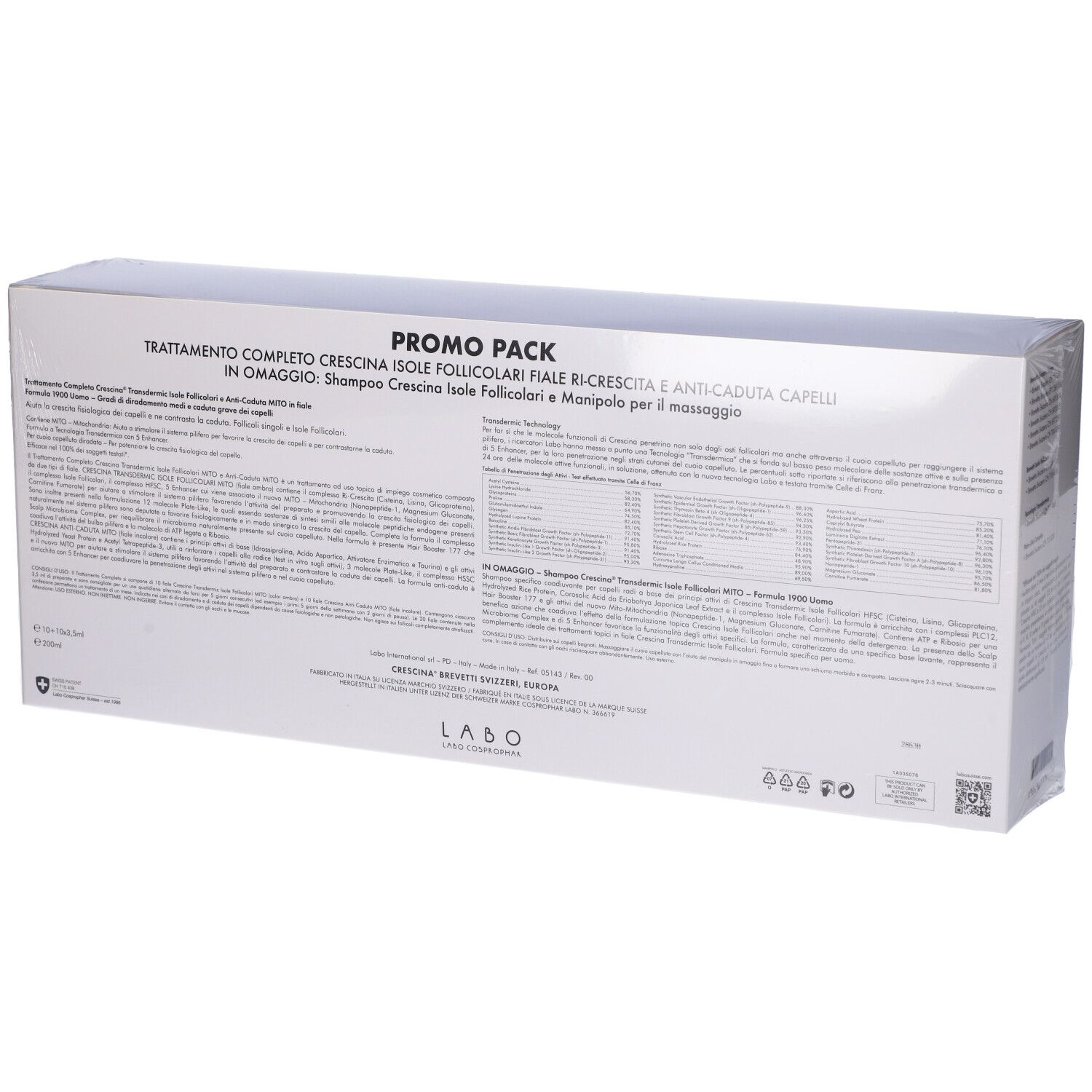 Confezione prodotto, retro. Testo: Promo Pack, Trattamento Completo in Fiale Ri-Crescina. Contiene informazioni.