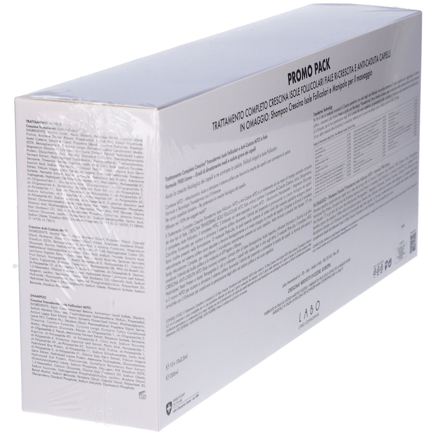 Confezione prodotto, retro, in prospettiva. Testo: Promo Pack, Trattamento Completo in Fiale Ri-Crescina. Contiene informazioni.