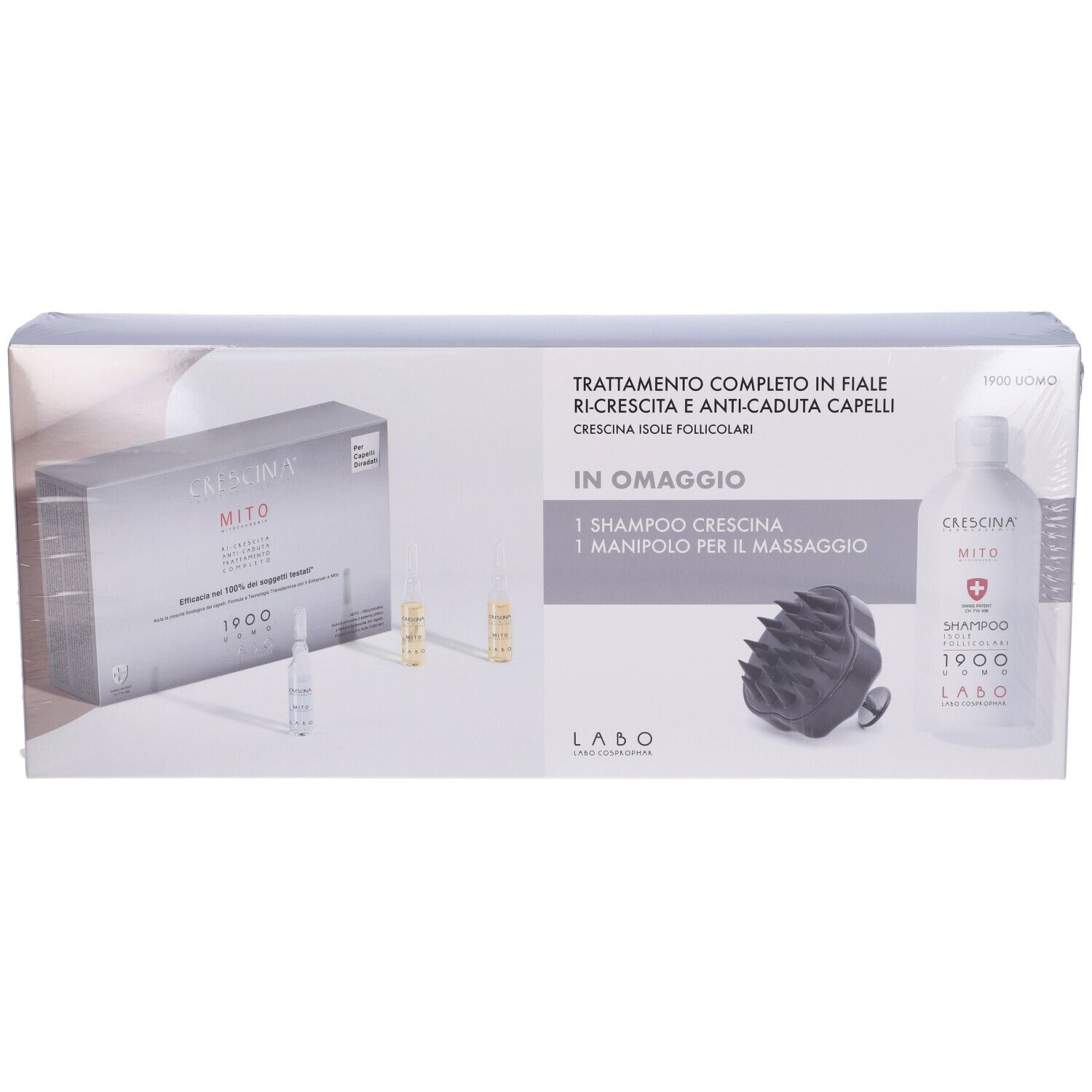 Confezione prodotto. Contiene fiale, shampoo e massaggiatore. Testo: Trattamento Completo in Fiale Ri-Crescina.