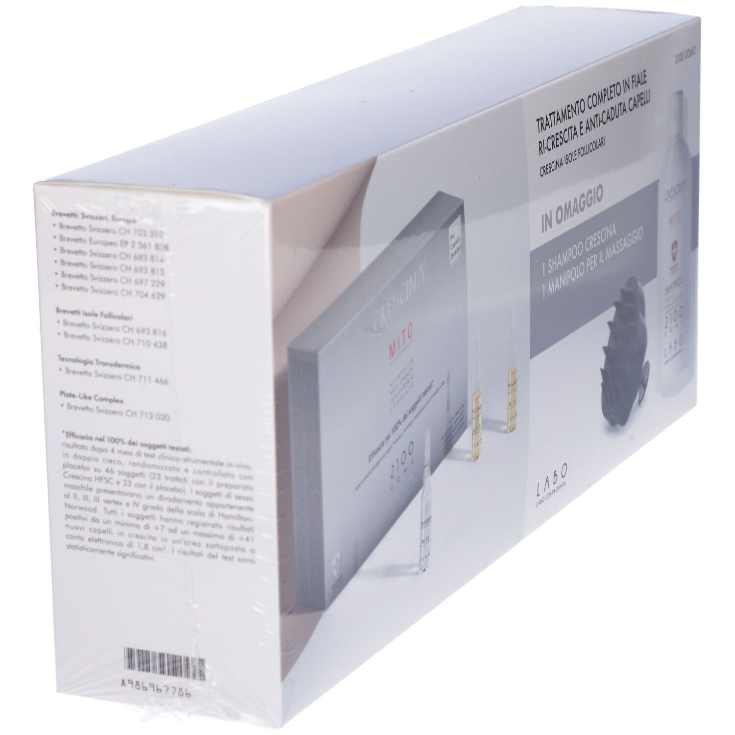 Confezione prodotto confezionata. Contiene fiale, shampoo e massaggiatore. Testo: Labo, Crecina, 2100 Uomo. Confezionato in pellicola.