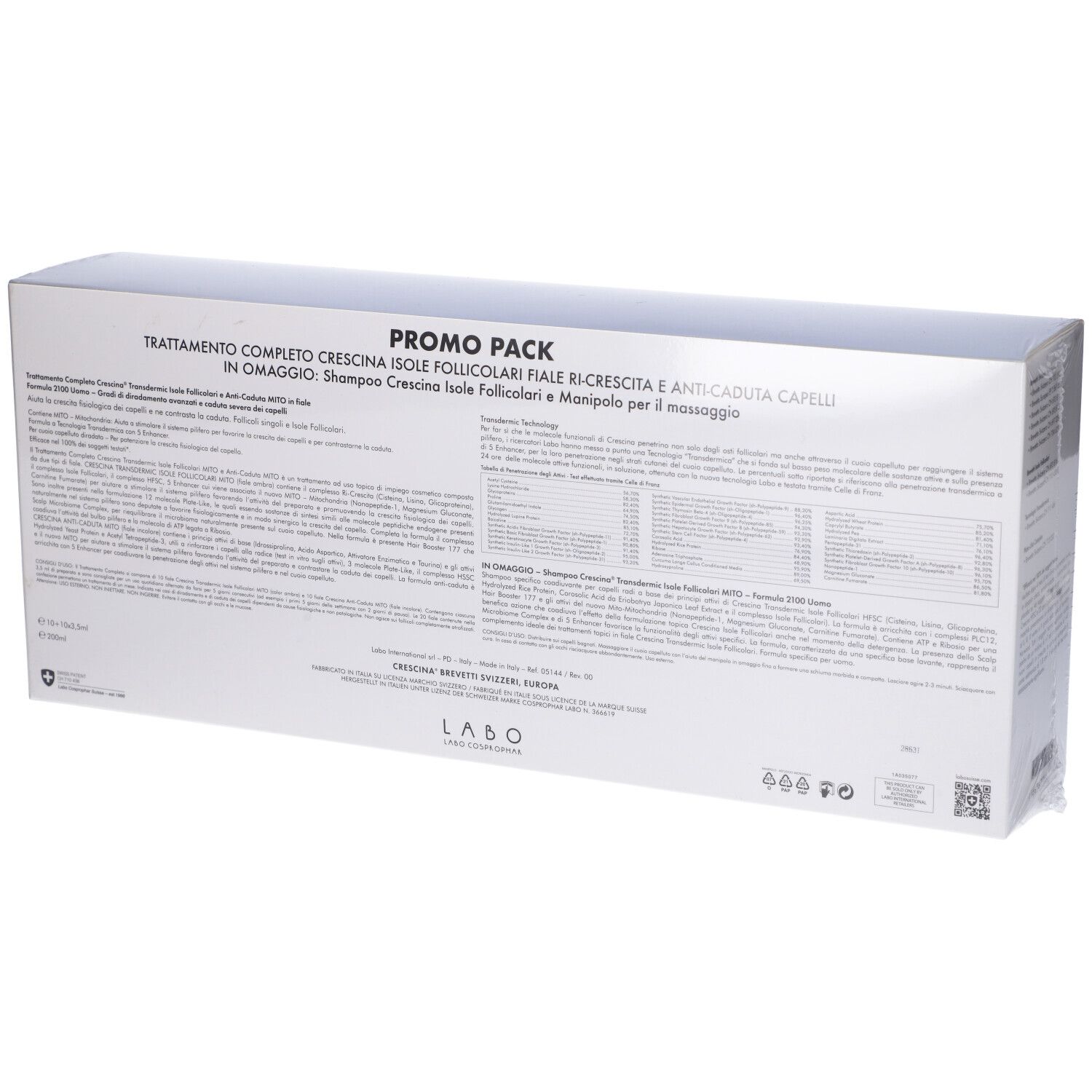 Retro della confezione del prodotto. Testo: Labo, Crecina, 2100 Uomo. Contiene informazioni sul prodotto e loghi.