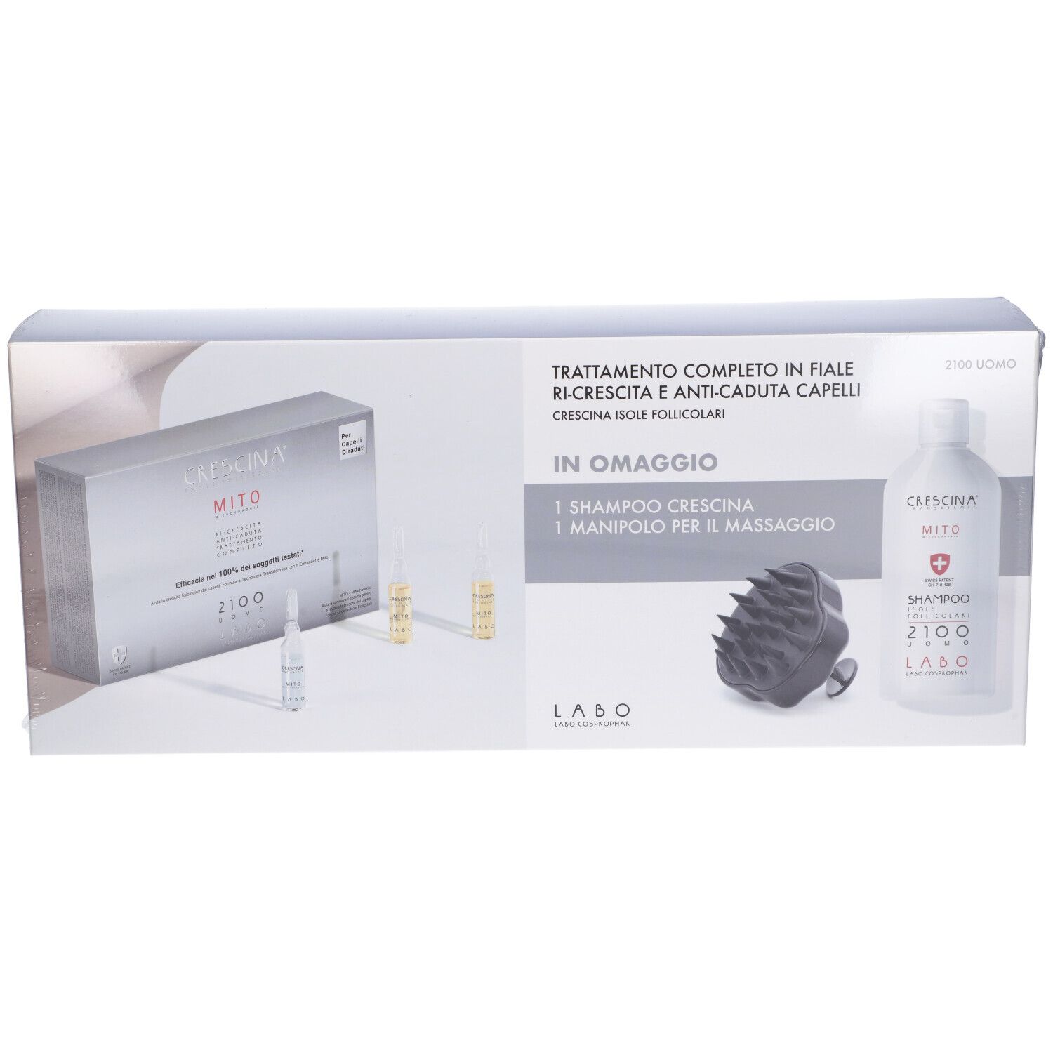 Confezione prodotto con fiale, shampoo e massaggiatore. Testo: Labo, Crecina, 2100 Uomo. Contiene anche un pacco di fiale.