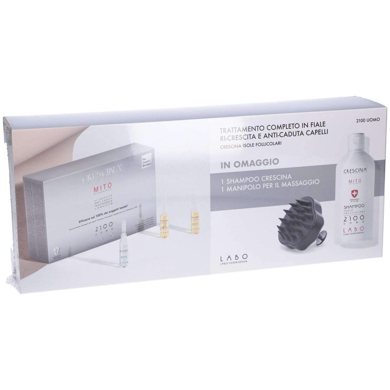 Confezione prodotto con fiale, shampoo e massaggiatore. Testo: Labo, Crecina, 2100 Uomo. Contiene anche un pacco di fiale.