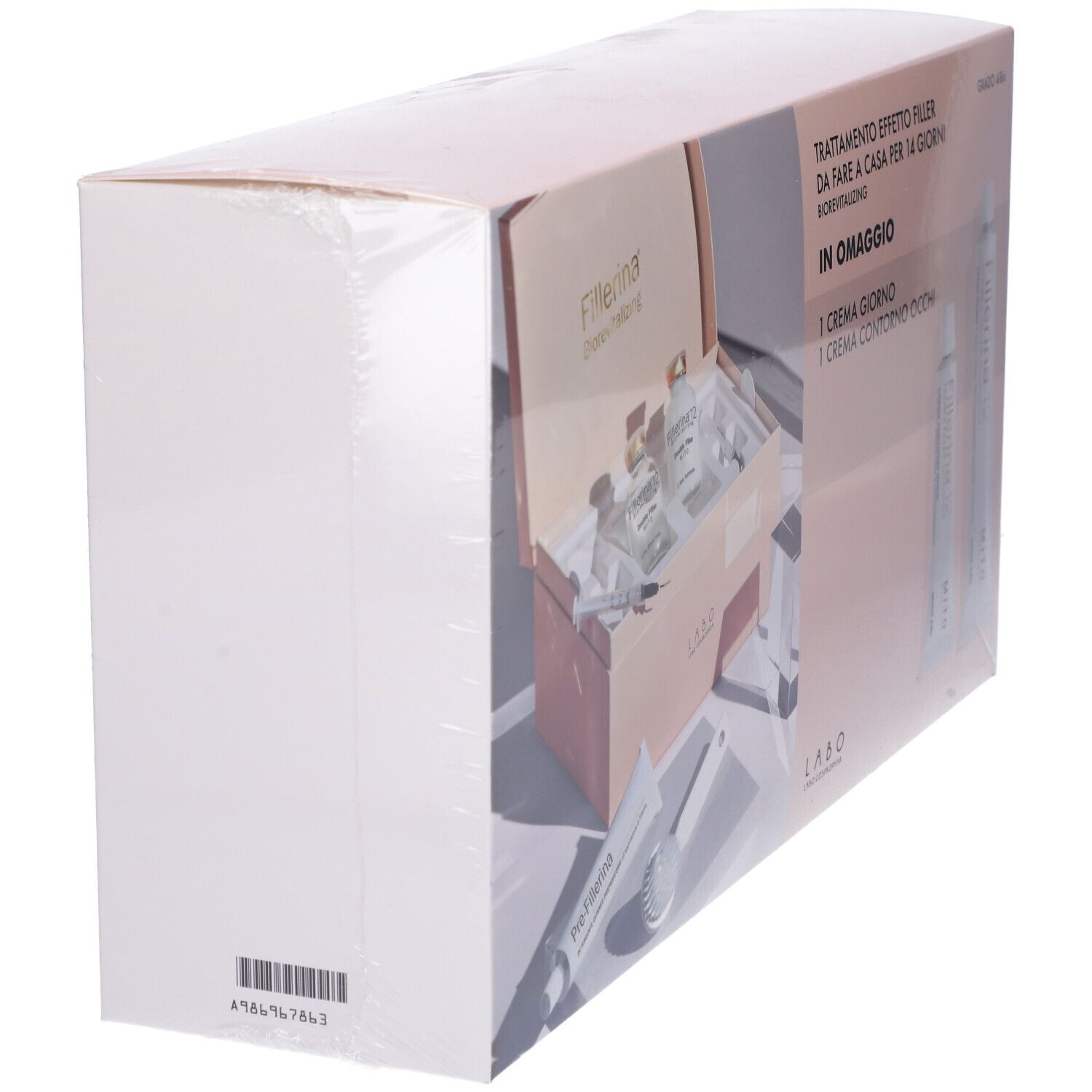 Confezione in cellofan. Contiene prodotti. Testo: Fillerina, Biorevitalizing, in Omaggio, 1 Crema Giorno, 1 Crema Contorno Occhi. Codice a barre.