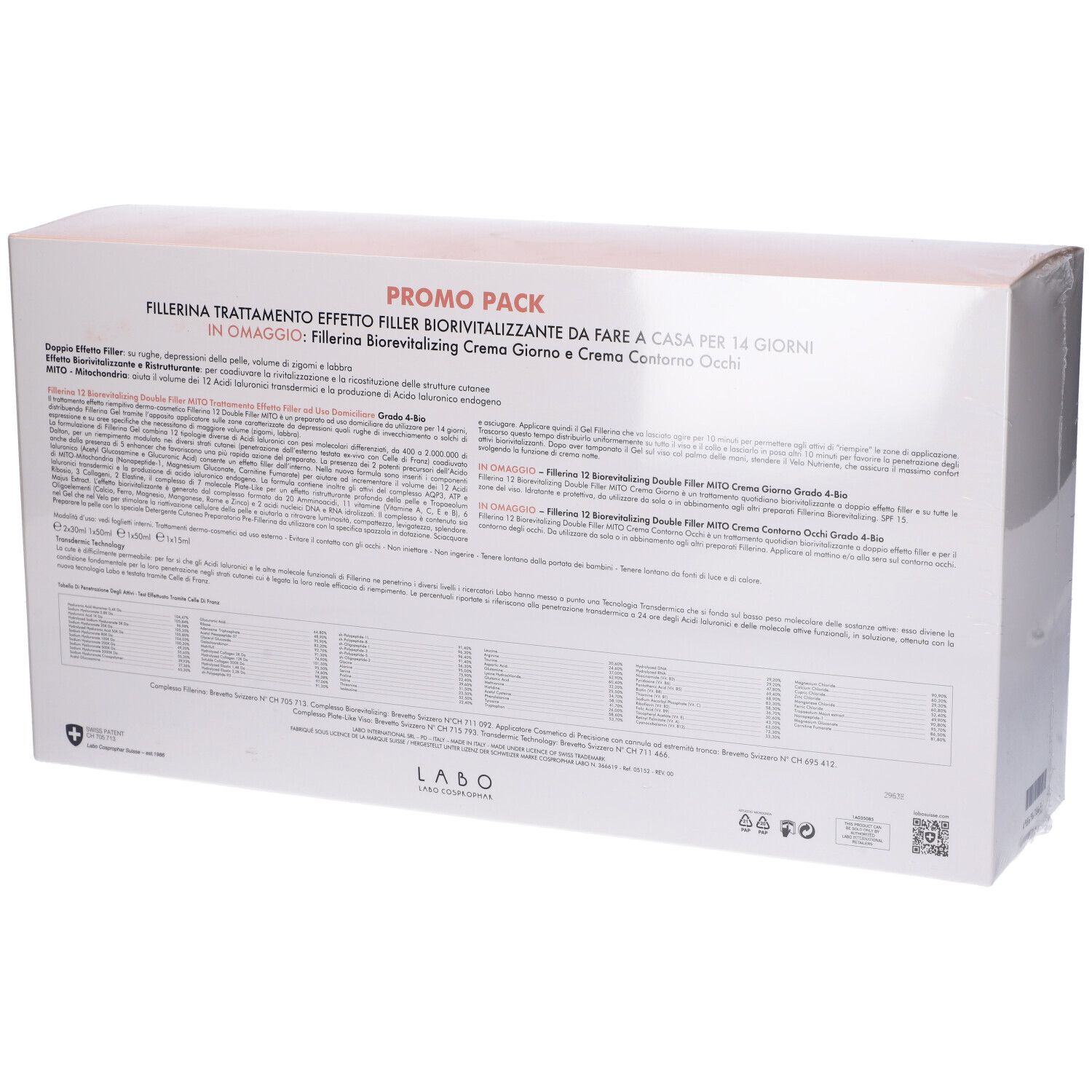 Confezione prodotto con testo. Contiene informazioni. Testo: Fillerina, Biorevitalizing, Promo Pack, in Omaggio, 1 Crema Giorno, 1 Crema Contorno Occhi.