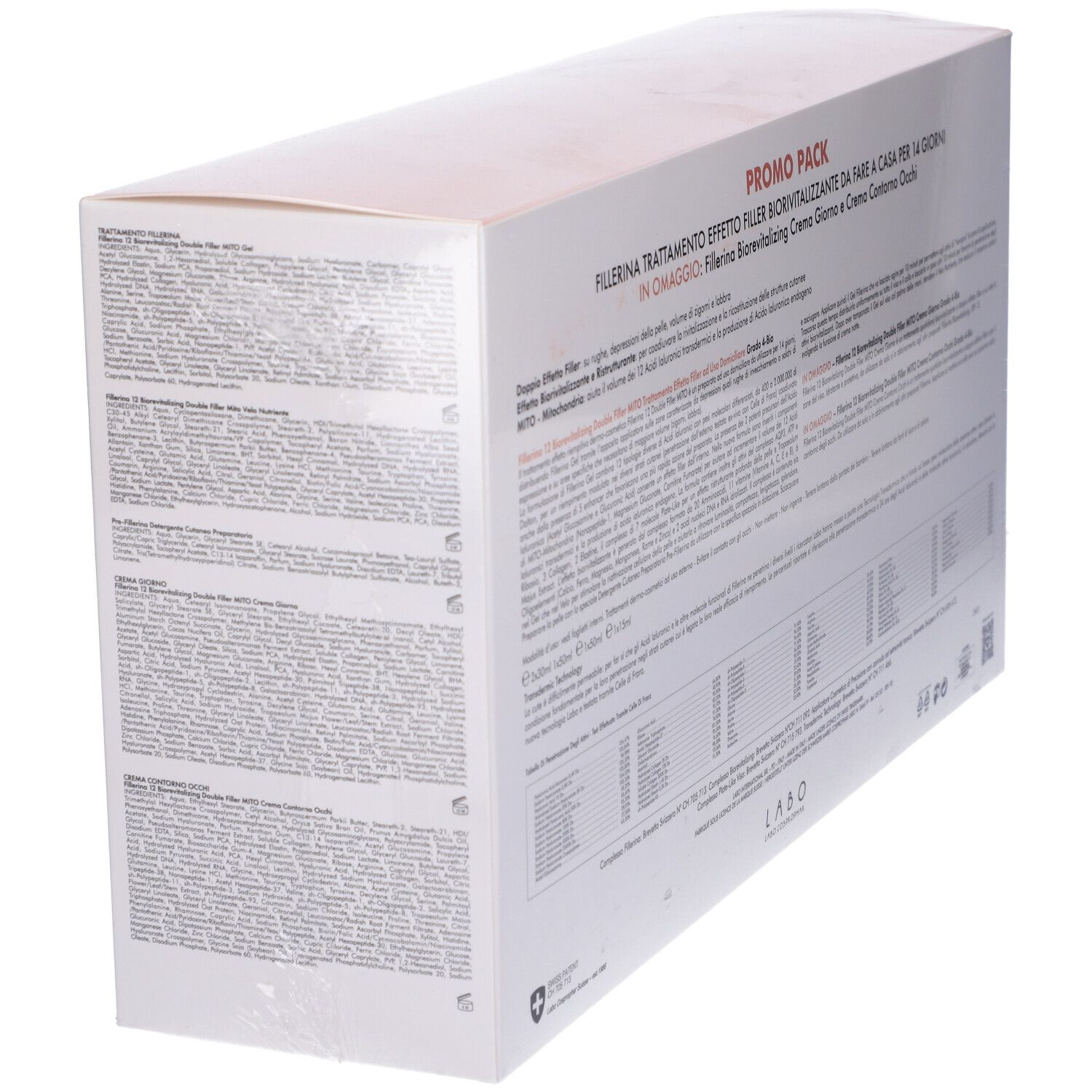 Confezione prodotto con testo. Contiene informazioni. Testo: Fillerina, Biorevitalizing, Promo Pack, in Omaggio, 1 Crema Giorno, 1 Crema Contorno Occhi.