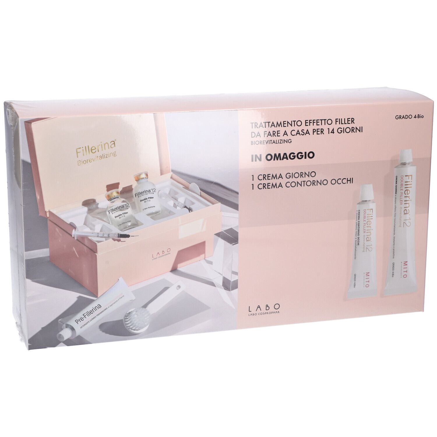 Confezione prodotto con prodotti. Contiene creme e flaconi. Testo: Fillerina, Biorevitalizing, in Omaggio, 1 Crema Giorno, 1 Crema Contorno Occhi.