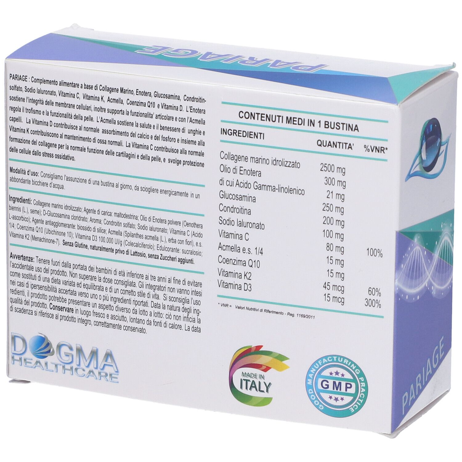 Retro della scatola PARIAGE. Contiene ingredienti, informazioni nutrizionali e origine. Certificazione GMP.