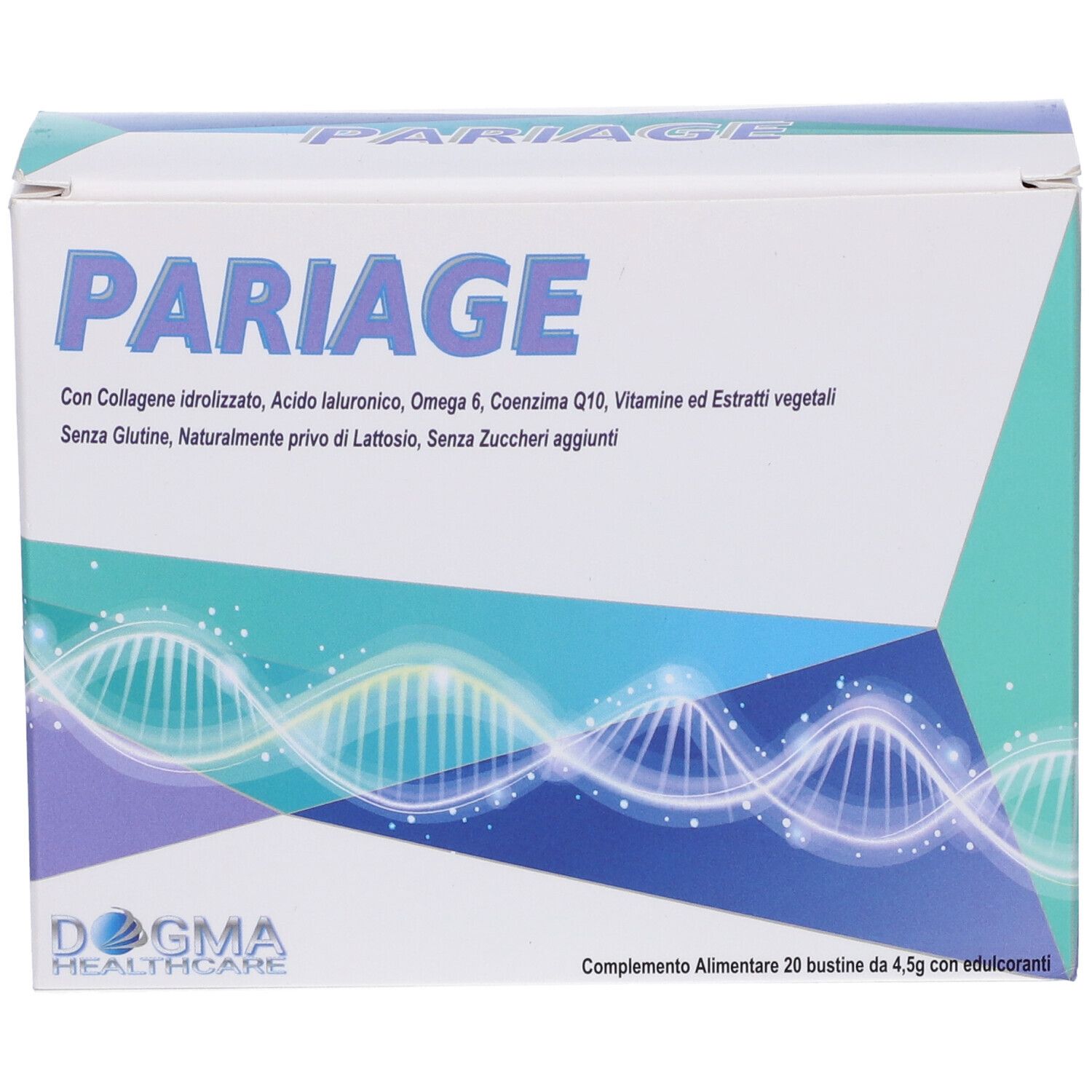 Scatola PARIAGE. Contiene collagene idrolizzato, acido ialuronico, Omega 6, coenzima Q10, vitamine ed estratti vegetali.