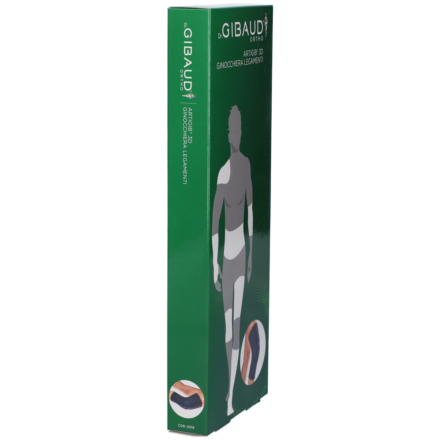 Confezione verde, vista laterale. Scritta: GIBAUD ORTHO ARTIGIB 3D Ginocchiera Legamenti. Immagine del prodotto.