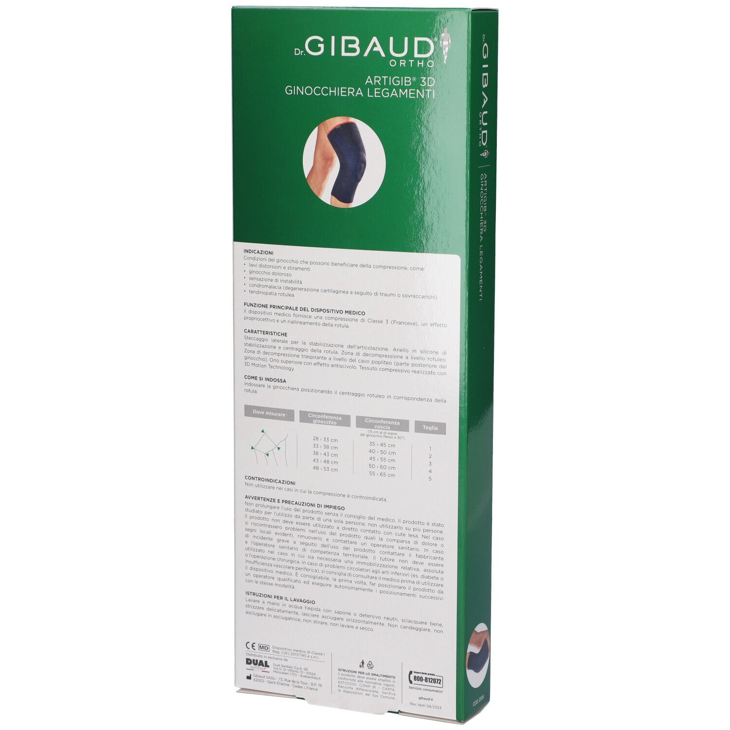 Retro della confezione verde. Testo e immagine del prodotto. Scritta: GIBAUD ORTHO ARTIGIB 3D Ginocchiera Legamenti.