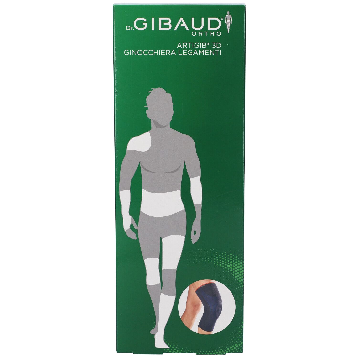 Confezione verde con immagine del prodotto. Scritta: GIBAUD ORTHO ARTIGIB 3D Ginocchiera Legamenti. Immagine di un ginocchiera.