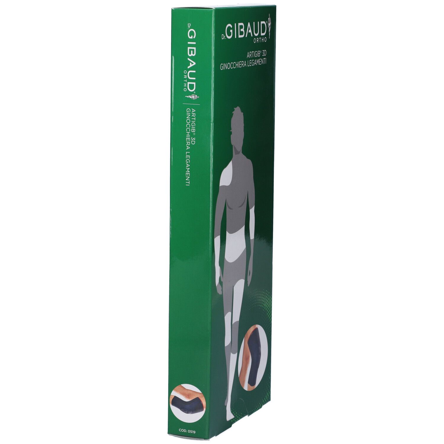 Confezione verde, vista laterale. Scritta: Gibaud Ortho Artigib 3D Ginocchiera Legamenti. Illustrazione di un corpo e immagine del prodotto.