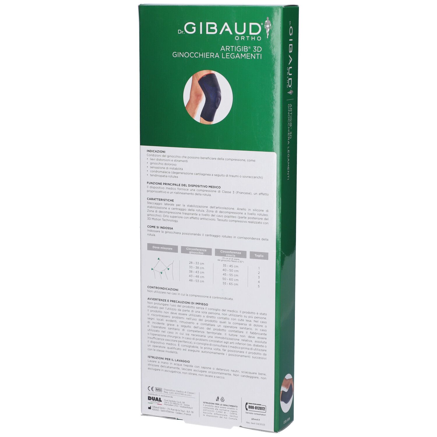 Retro della confezione verde. Informazioni testuali e immagine del prodotto. Scritta: Gibaud Ortho Artigib 3D Ginocchiera Legamenti.