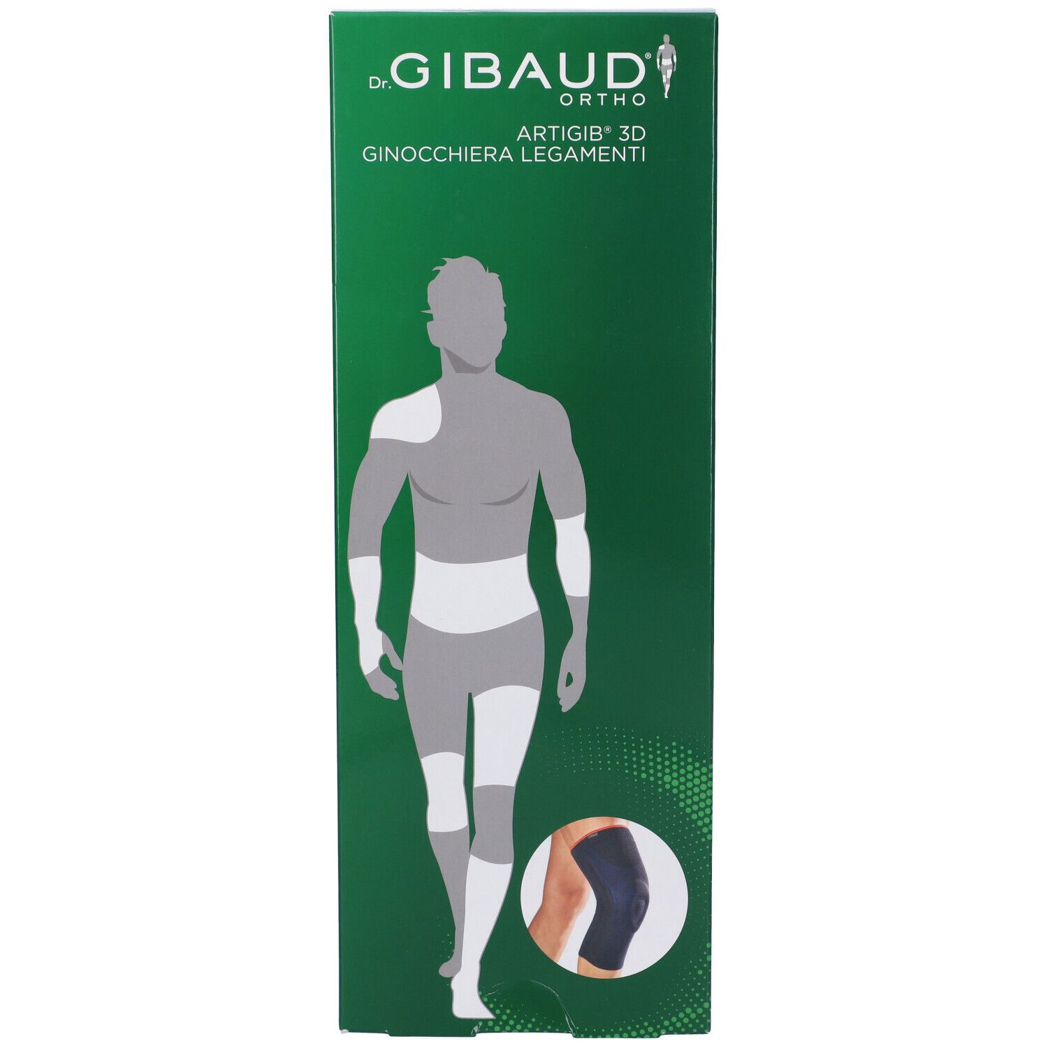 Confezione verde con immagine del prodotto. Scritta: Gibaud Ortho Artigib 3D Ginocchiera Legamenti. Illustrazione di un corpo.