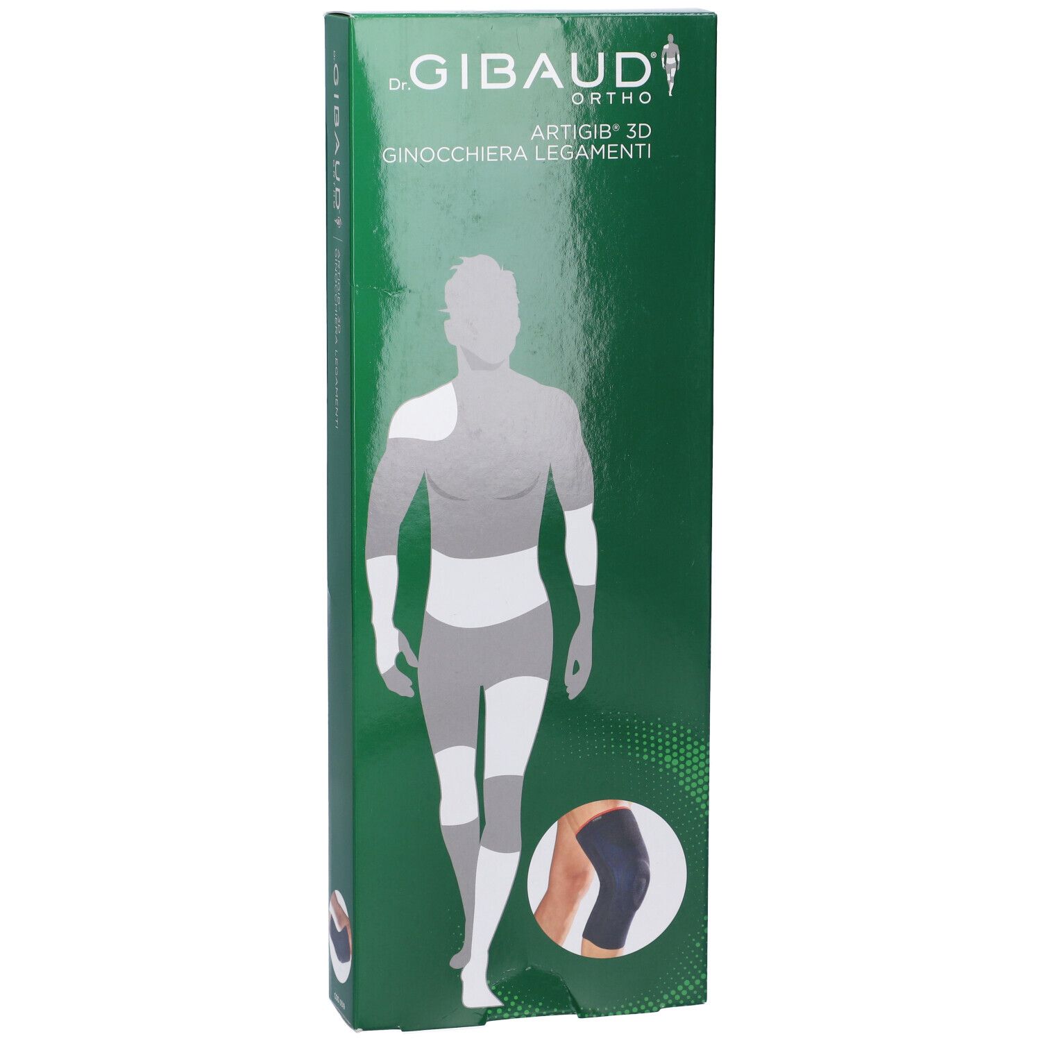 Confezione verde con immagine del prodotto. Scritta: Gibaud Ortho Artigib 3D Ginocchiera Legamenti. Illustrazione di un corpo.