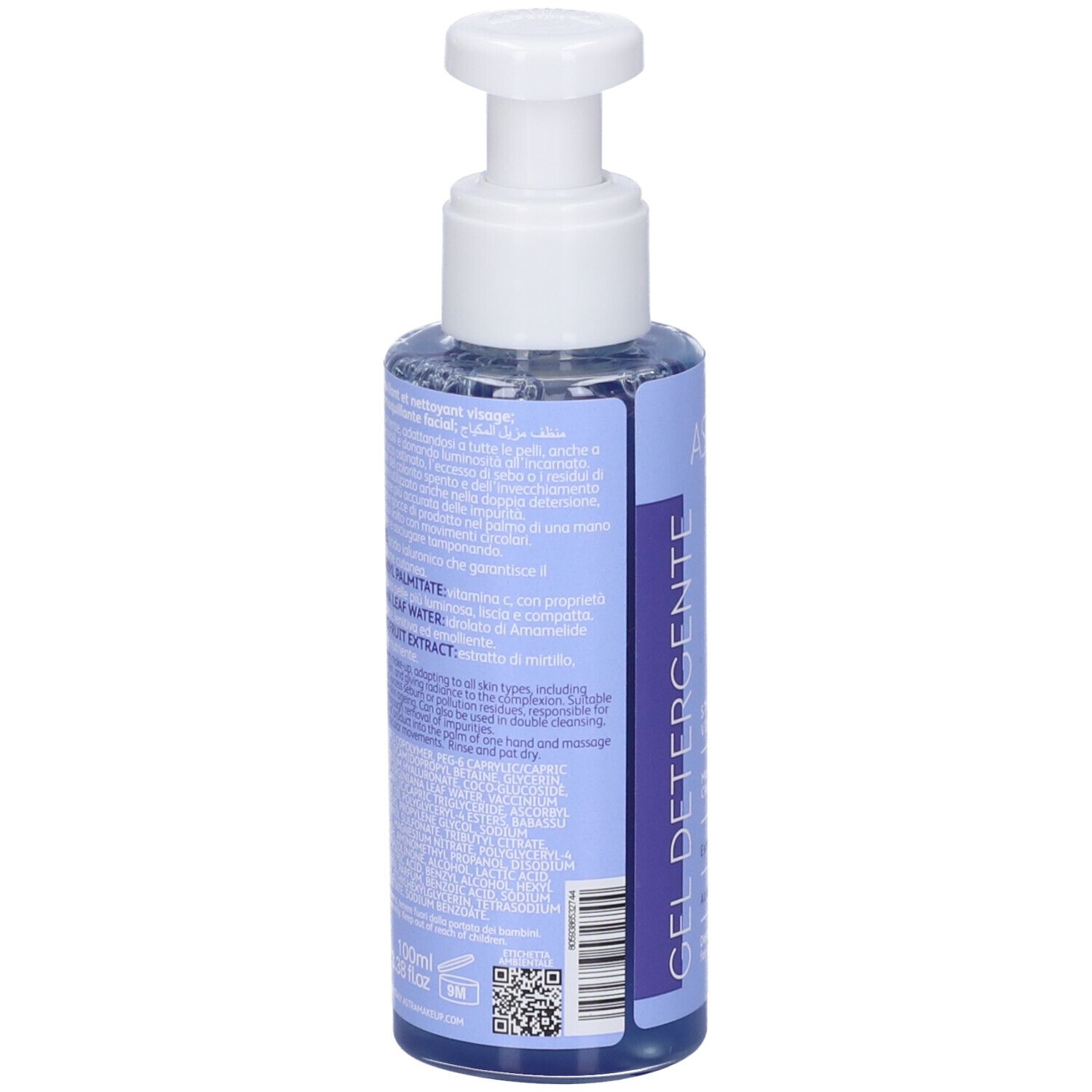 Retro del flacone con testo. Contiene ingredienti e istruzioni per l'uso. Codice QR e indicazione 100ml.