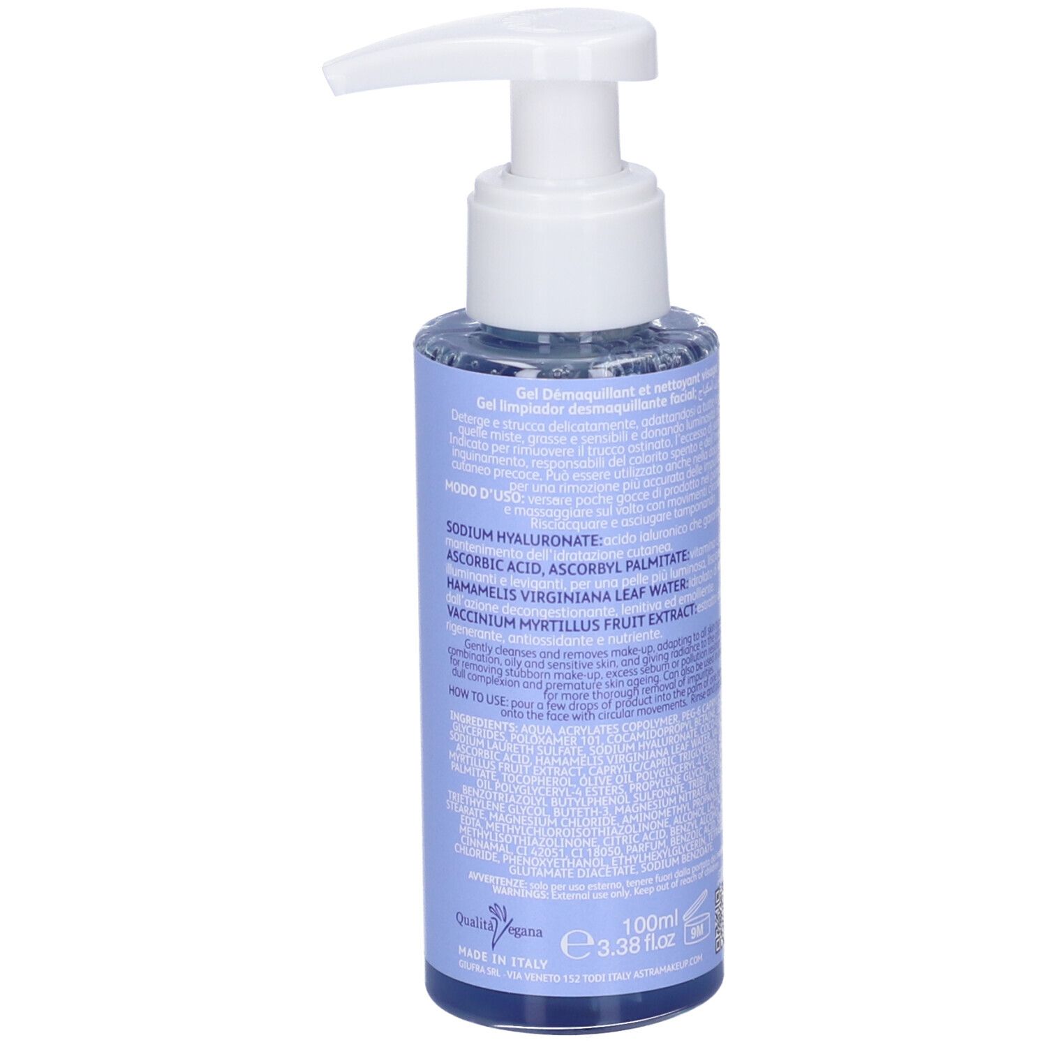 Vista posteriore del flacone con ingredienti e istruzioni per l'uso. Indicazione 100ml.