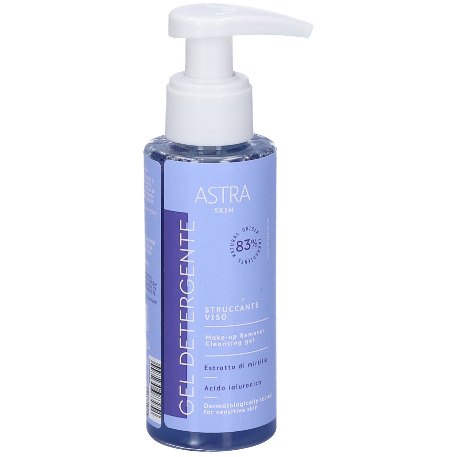 Flacone blu trasparente con erogatore bianco. Scritta: ASTRA SKIN, GEL DETERGENTE, 83% natural origin, Struccante Viso, Make-up Remover.