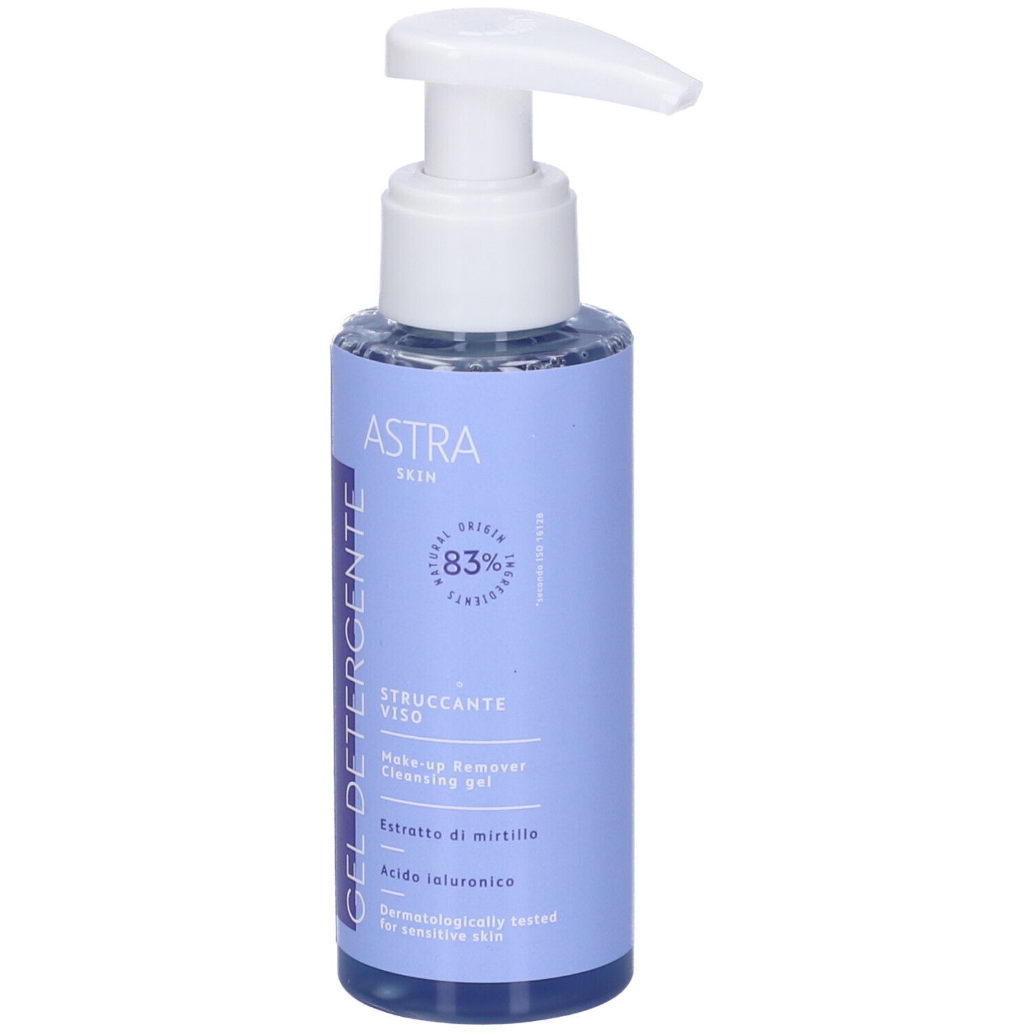 Flacone blu trasparente con erogatore bianco. Scritta: ASTRA SKIN, GEL DETERGENTE, 83% natural origin, Struccante Viso, Make-up Remover.