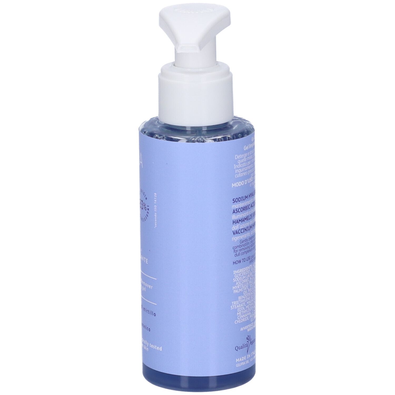 Flacone con erogatore bianco. Retro con testo, ingredienti e istruzioni per l'uso. Codice QR.