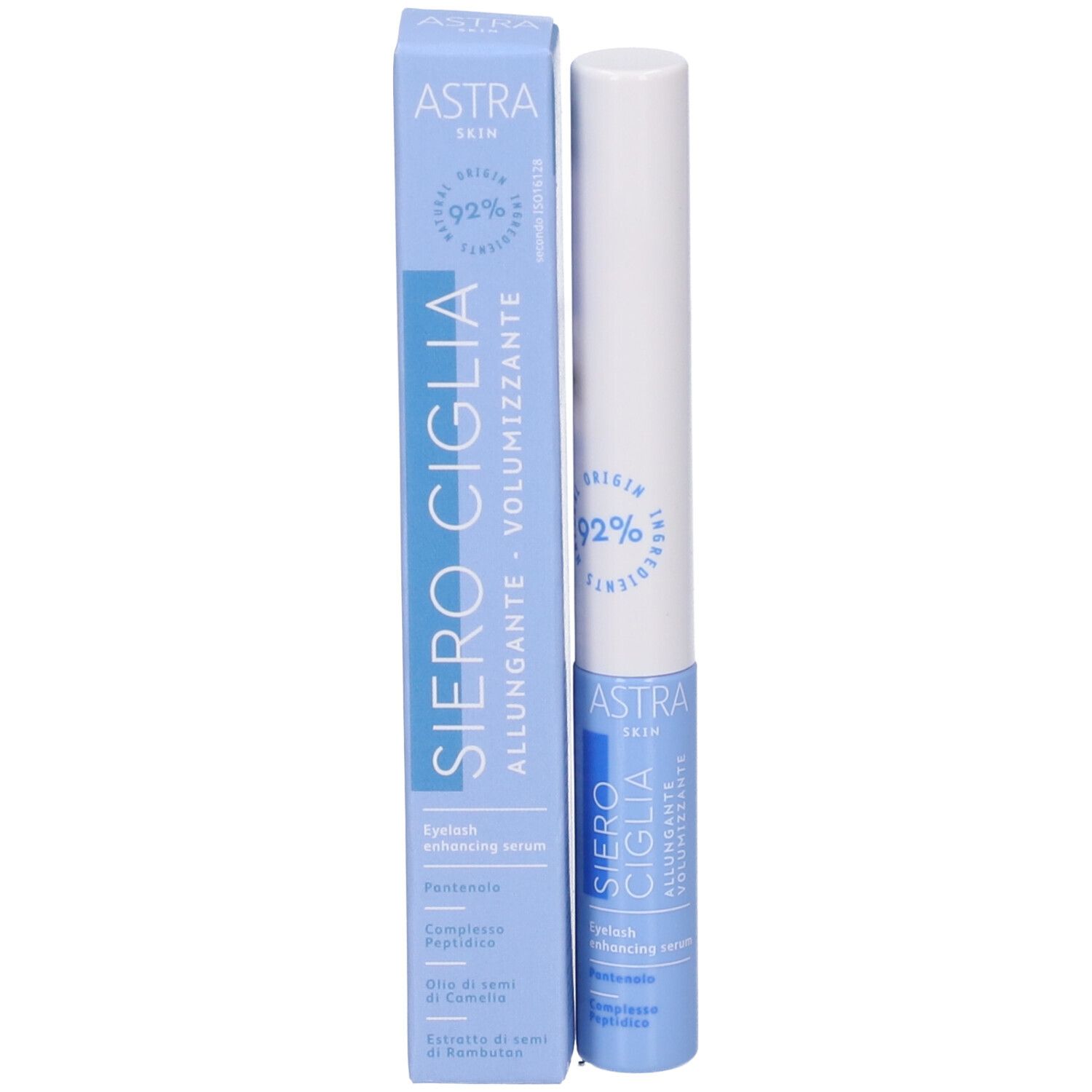Confezione e tubo del prodotto. Scritta: Astra Skin Siero Ciglia, Allungante Volumizzante. Contiene il 92% di ingredienti di origine naturale.