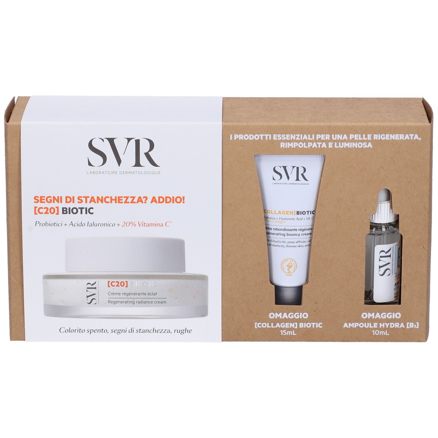 Set regalo con crema, tubo e flacone. Scritte: SVR, [C20] BIOTIC, Collagen Biotic, Ampoule B. Confezione bianca e marrone.