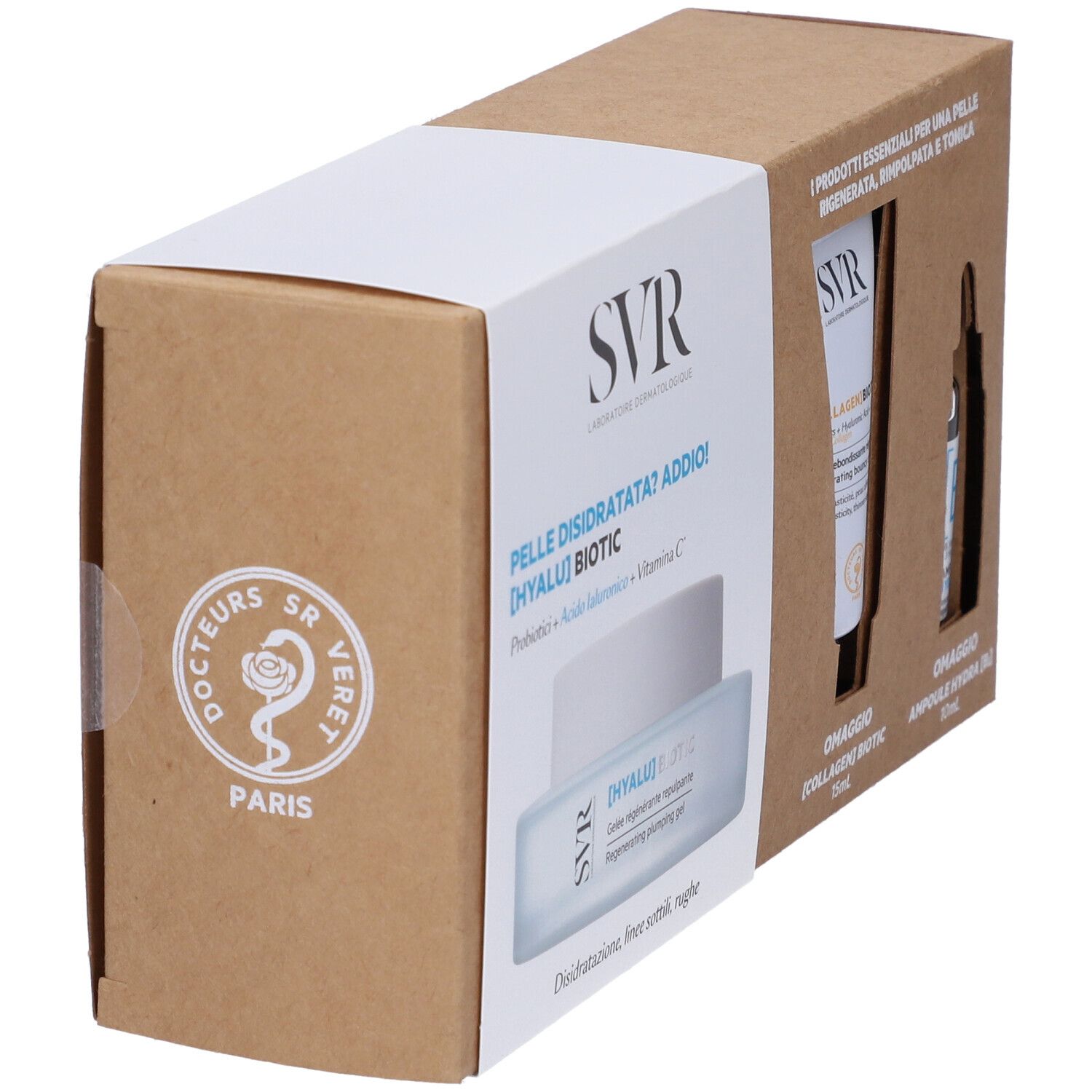 Confezione in cartone con tre prodotti. Scritte: SVR, Hyalu Biotic, Collagen Biotic, Ampoule Hydra B. Logo: Docteurs SR Veret Paris.
