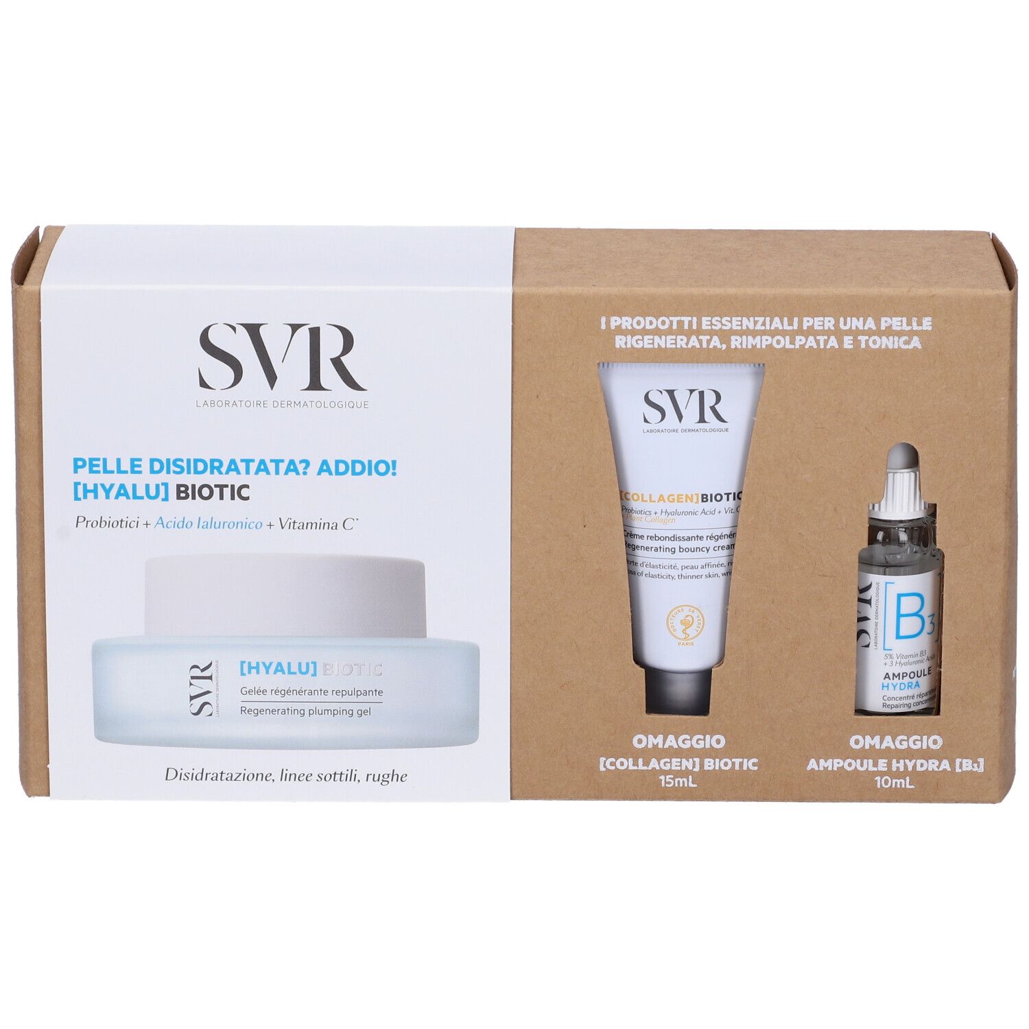 Confezione in cartone con tre prodotti: crema, tubo e fiala. Scritte: SVR, Hyalu Biotic, Collagen Biotic, Ampoule Hydra B.