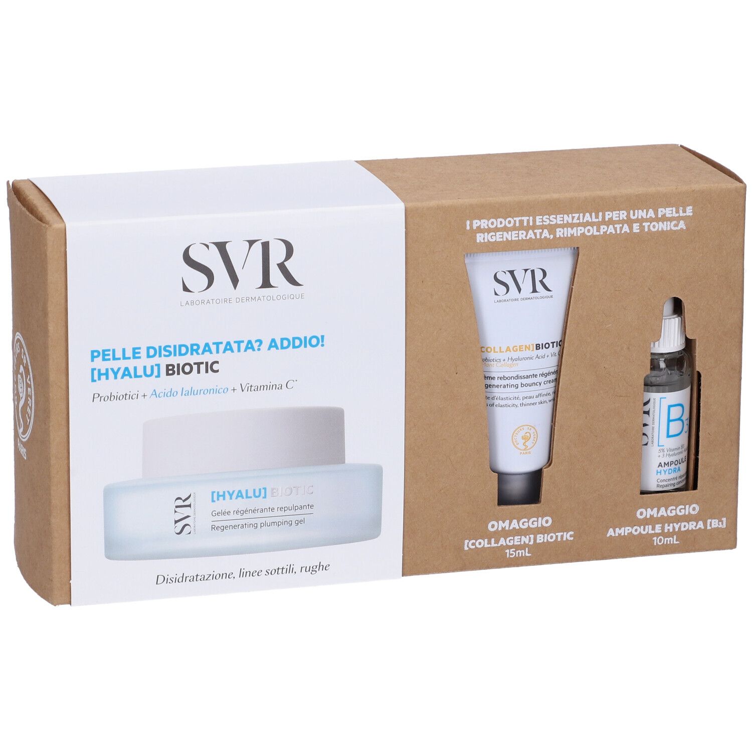 Confezione in cartone con tre prodotti: crema, tubo e fiala. Scritte: SVR, Hyalu Biotic, Collagen Biotic, Ampoule Hydra B.