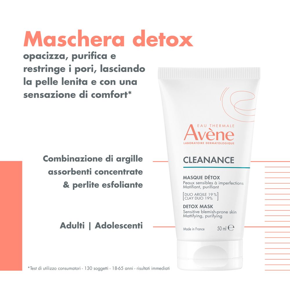 Tubo di prodotto accanto al testo. Testo: Maschera detox, opacizza, purifica, restringe i pori. Combinazione di argilla e perle.
